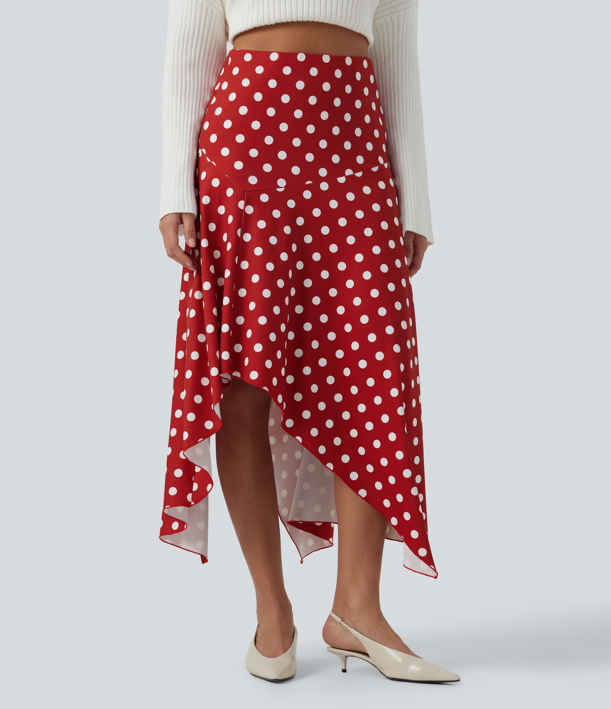 High Waisted Asymmetric Ruffle Hem Polka Dot Casual Midi Skirt with Pockets