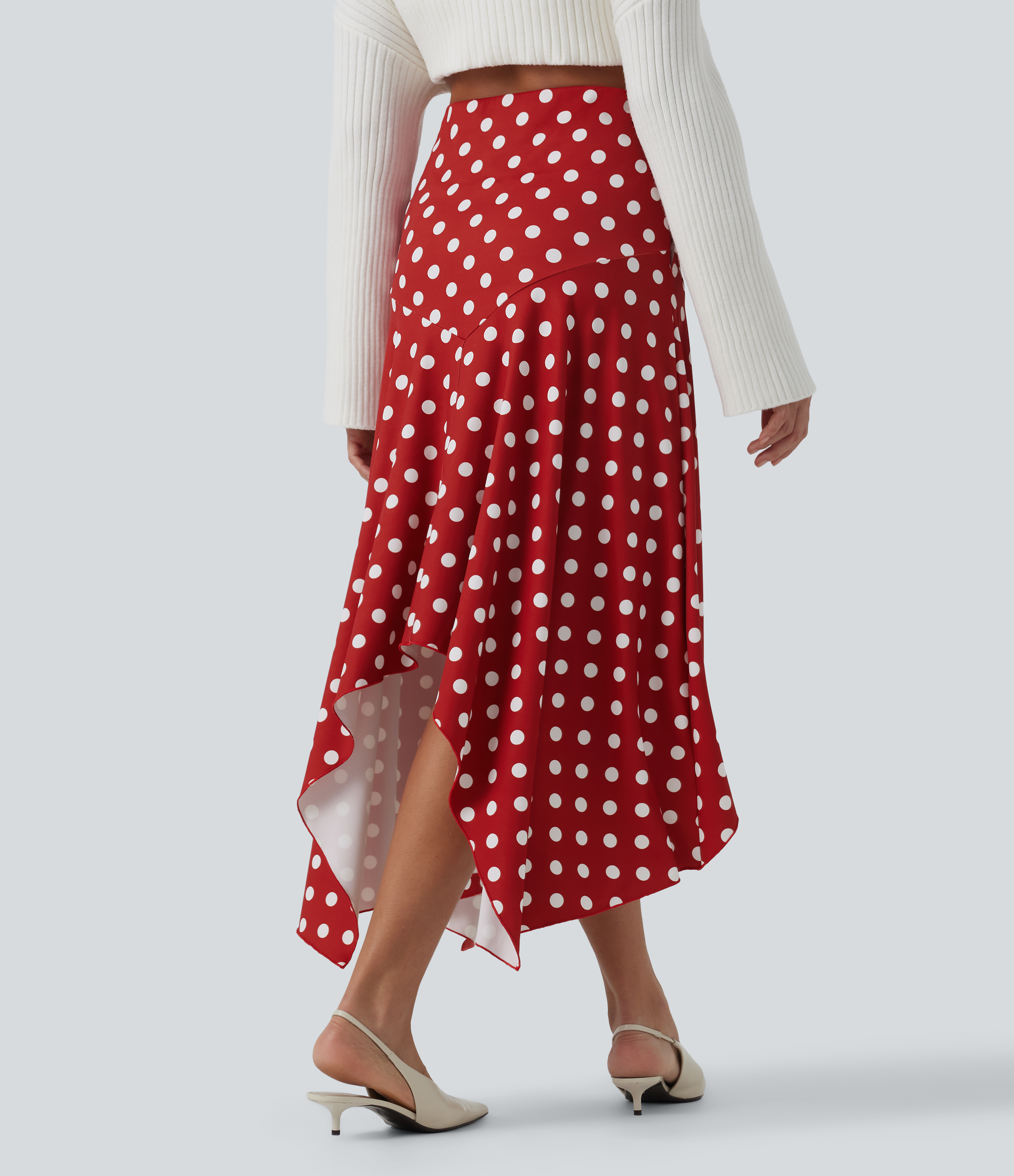 Clay Rose Dot High Waisted Asymmetric Ruffle Hem Polka Dot Casual Midi Skirt with Pockets / 2