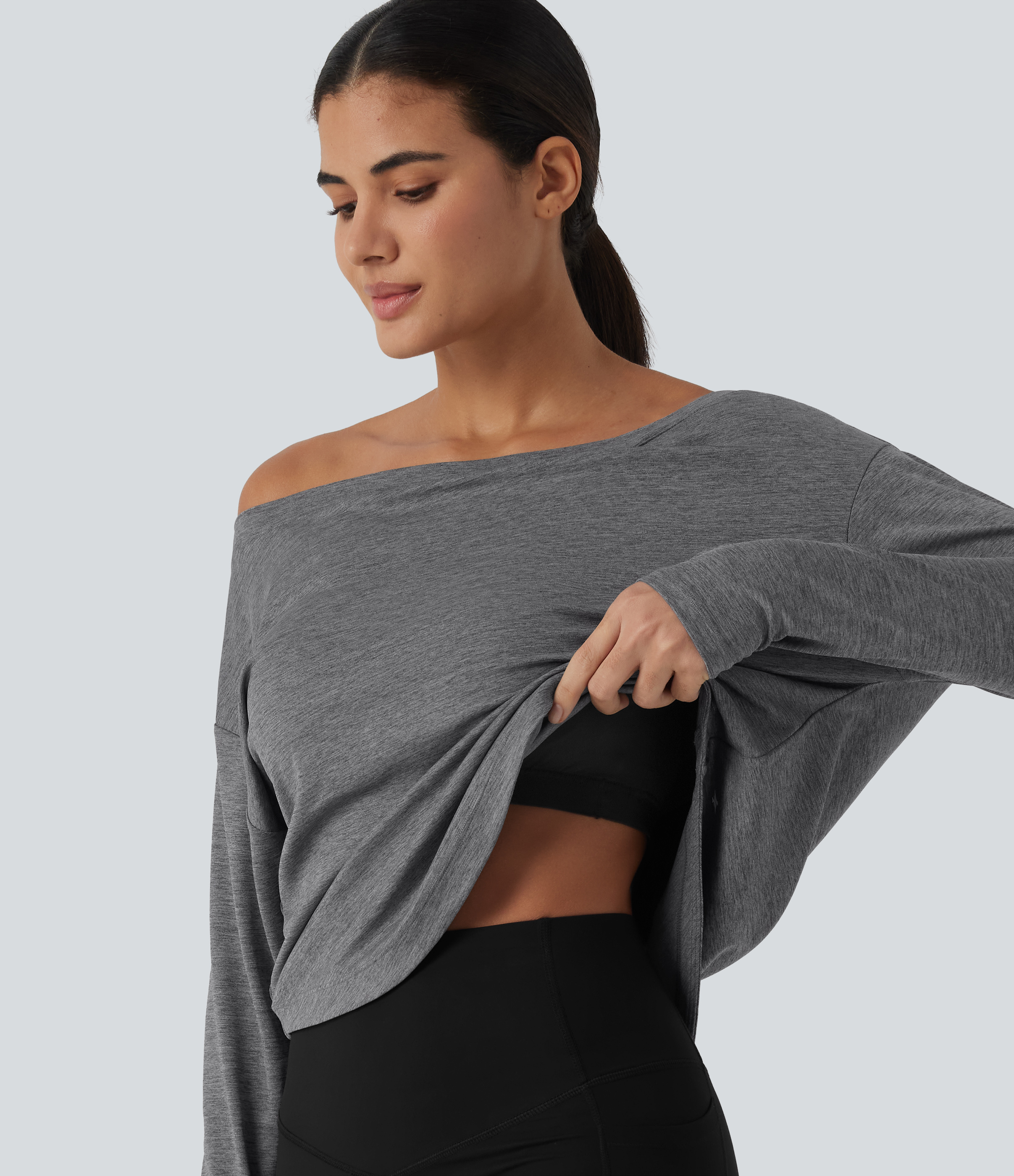 Halara UltraSculpt™ Heathered One Shoulder Long Sleeve Thumb Hole Quick Dry Yoga Sports Top with Built-in Bra