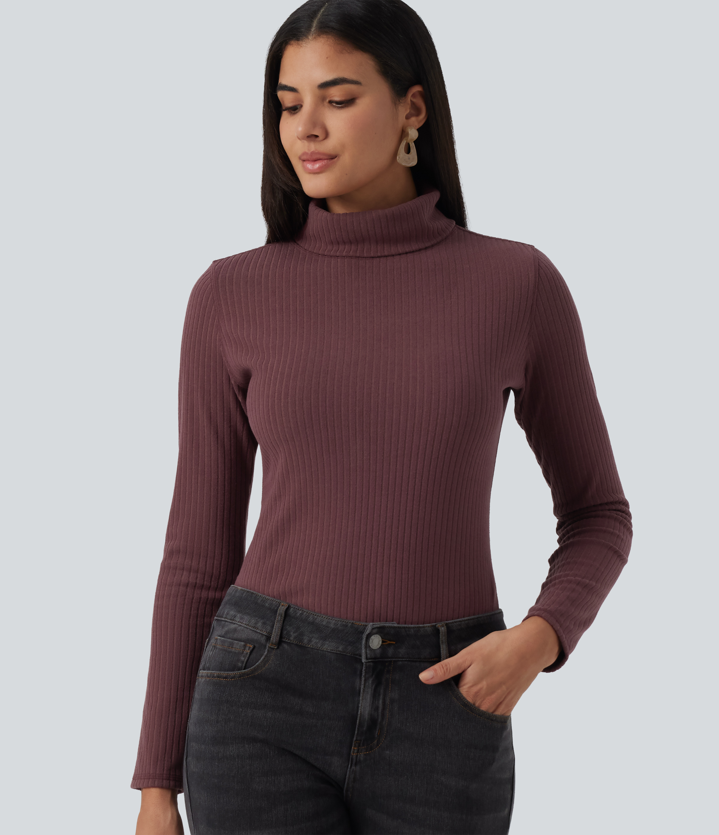 Ribbed Knit High Neck Long Sleeve Slim Casual Top