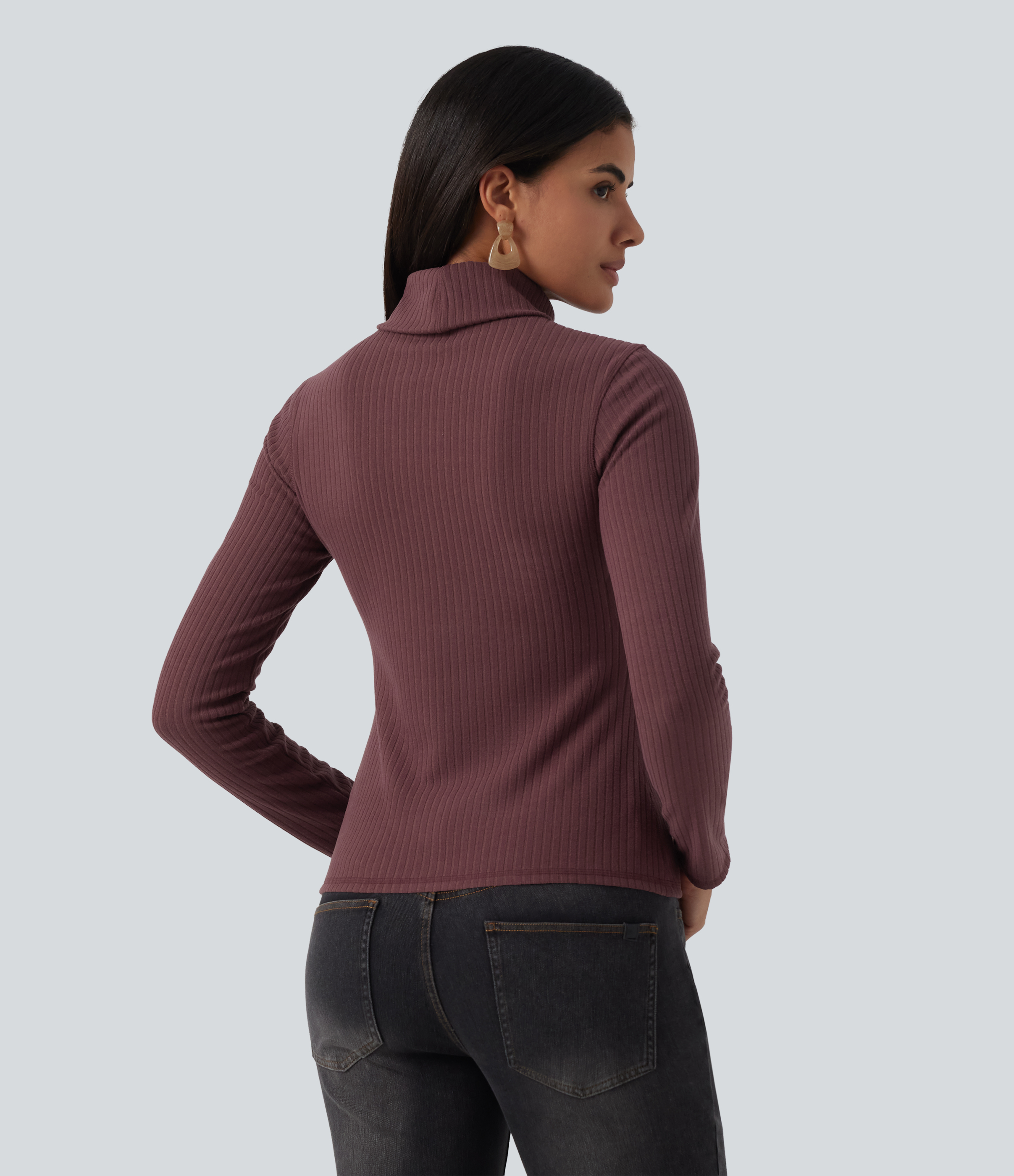 Red Mahogany Ribbed Knit High Neck Long Sleeve Slim Casual Top / 2