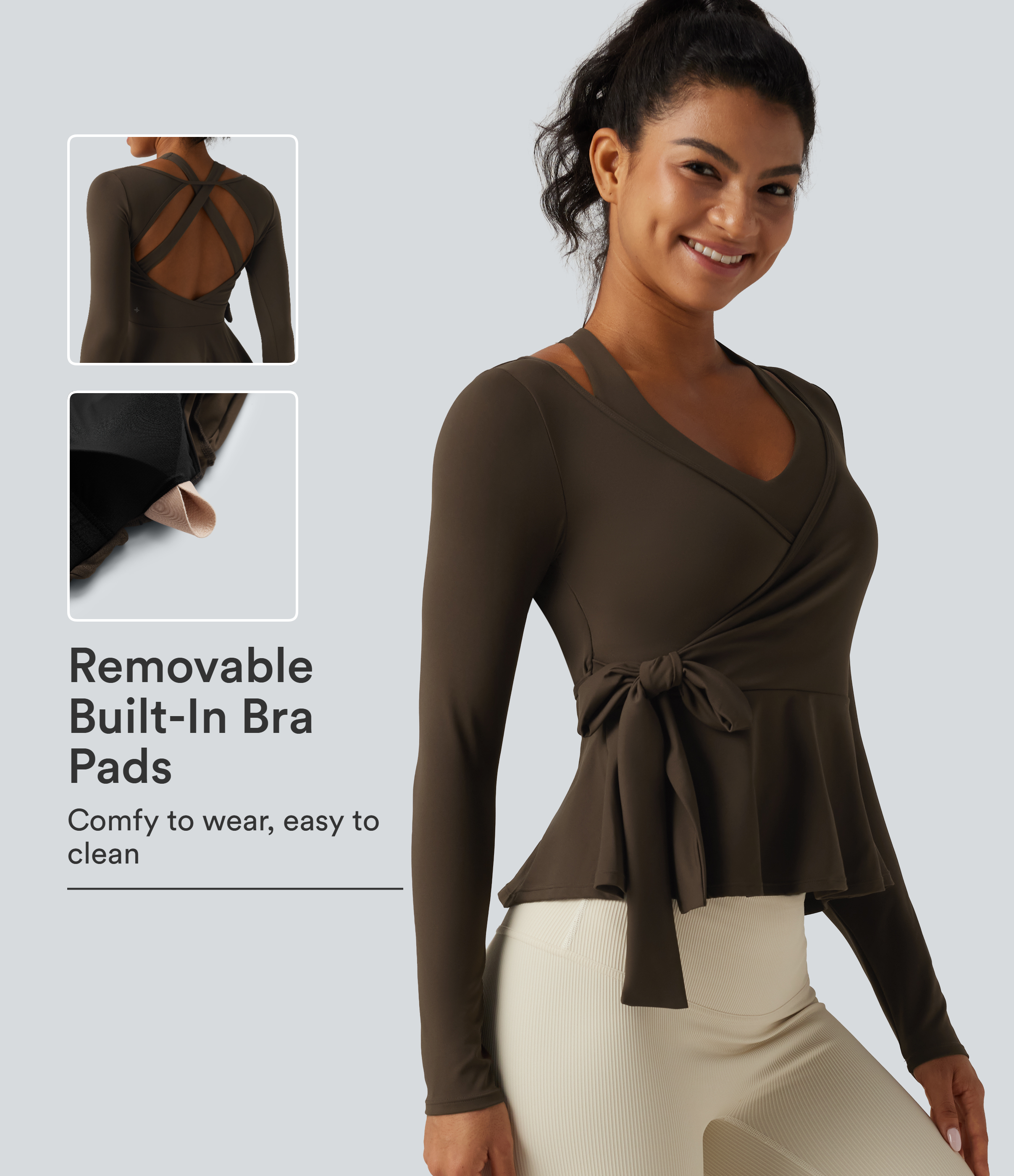 SoftlyZero™ Airy InstantCool Deep V Neck 2-in-1 Tie Side Backless Ruffle Hem Long Sleeve Yoga Sports Top