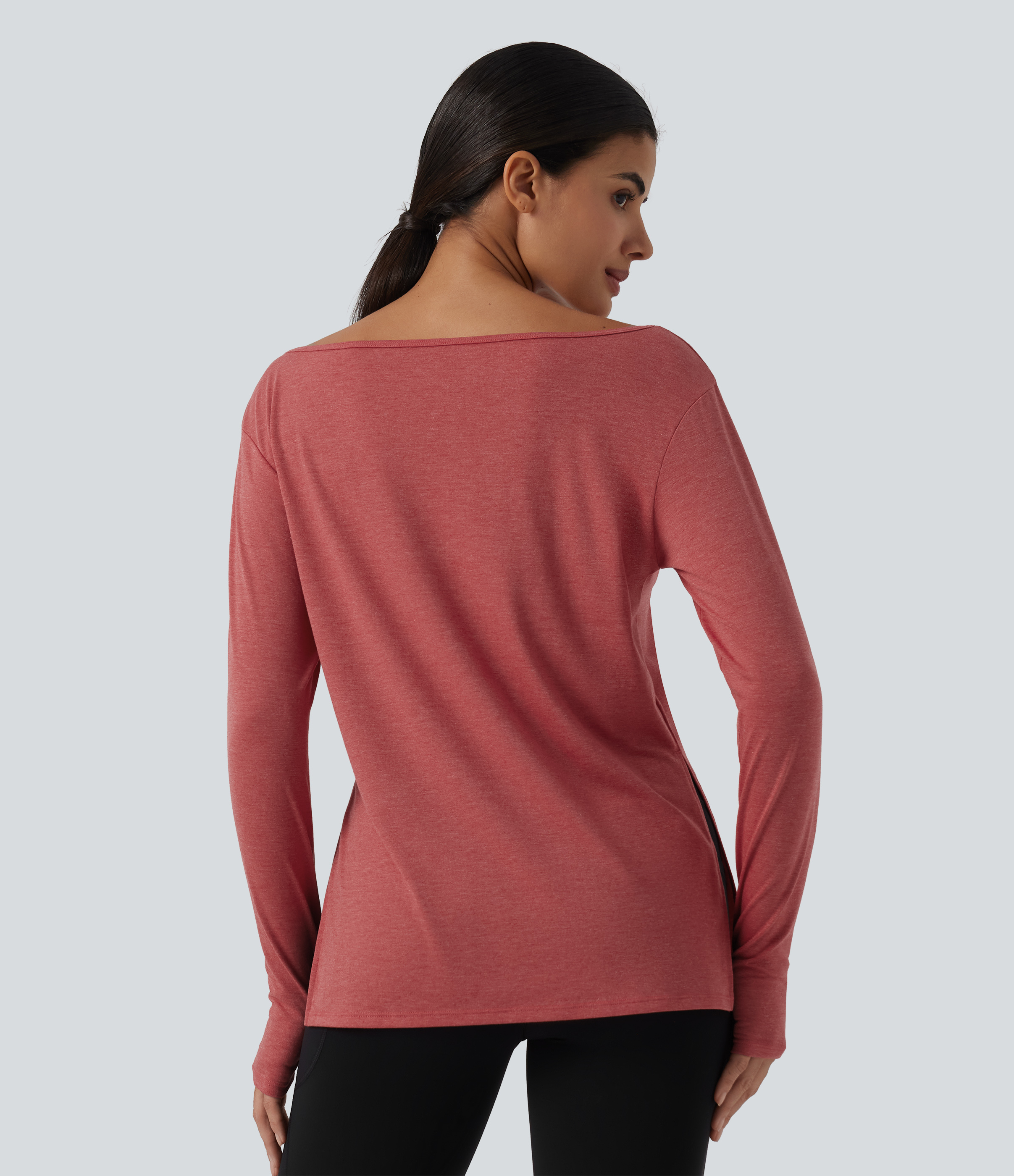 Poinsettia Floral Yarn Boat Neck Dropped Long Sleeve Split Yoga Sweatshirt with Thumb Hole / 2