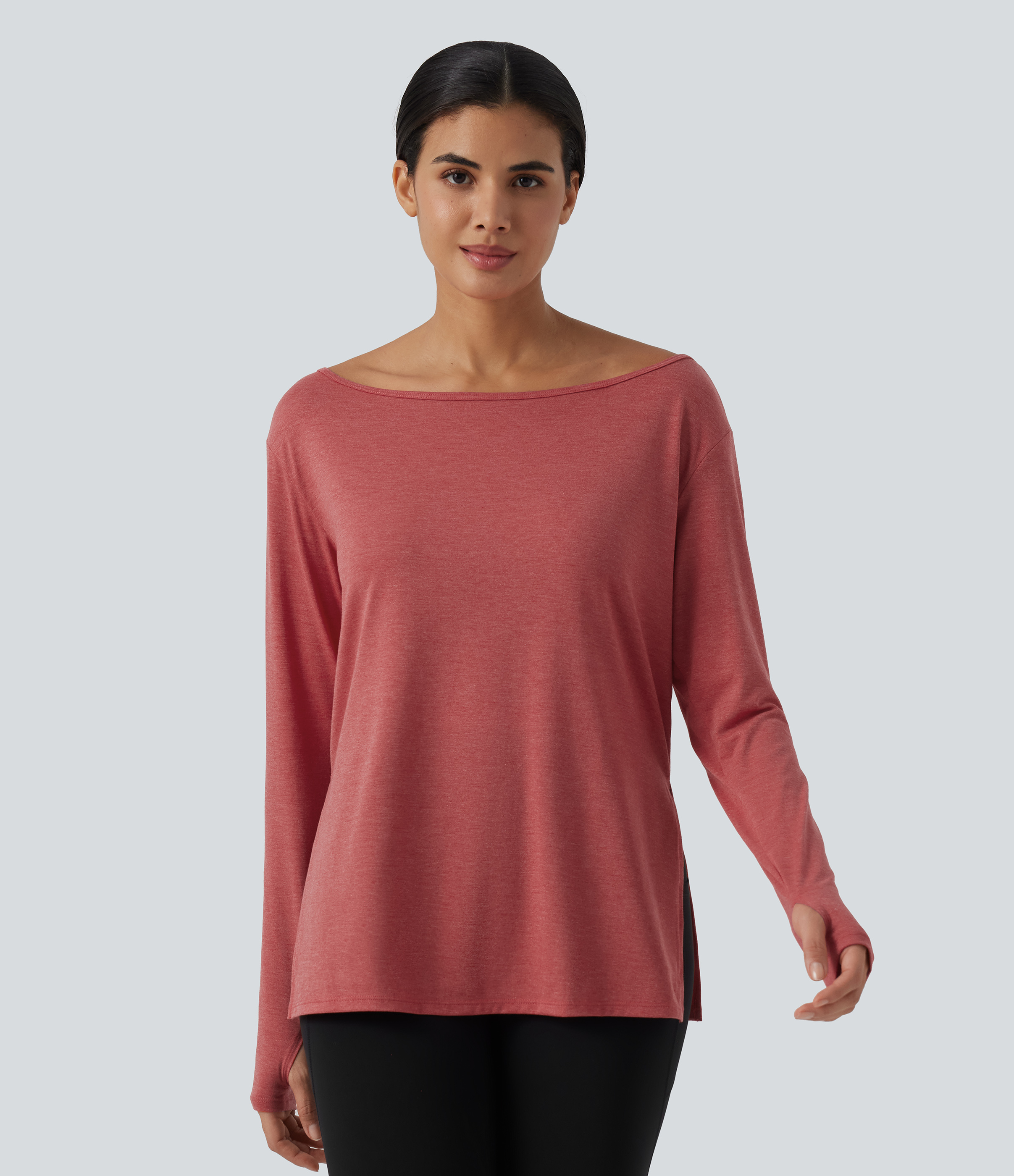 Boat Neck Dropped Long Sleeve Split Yoga Sweatshirt with Thumb Hole