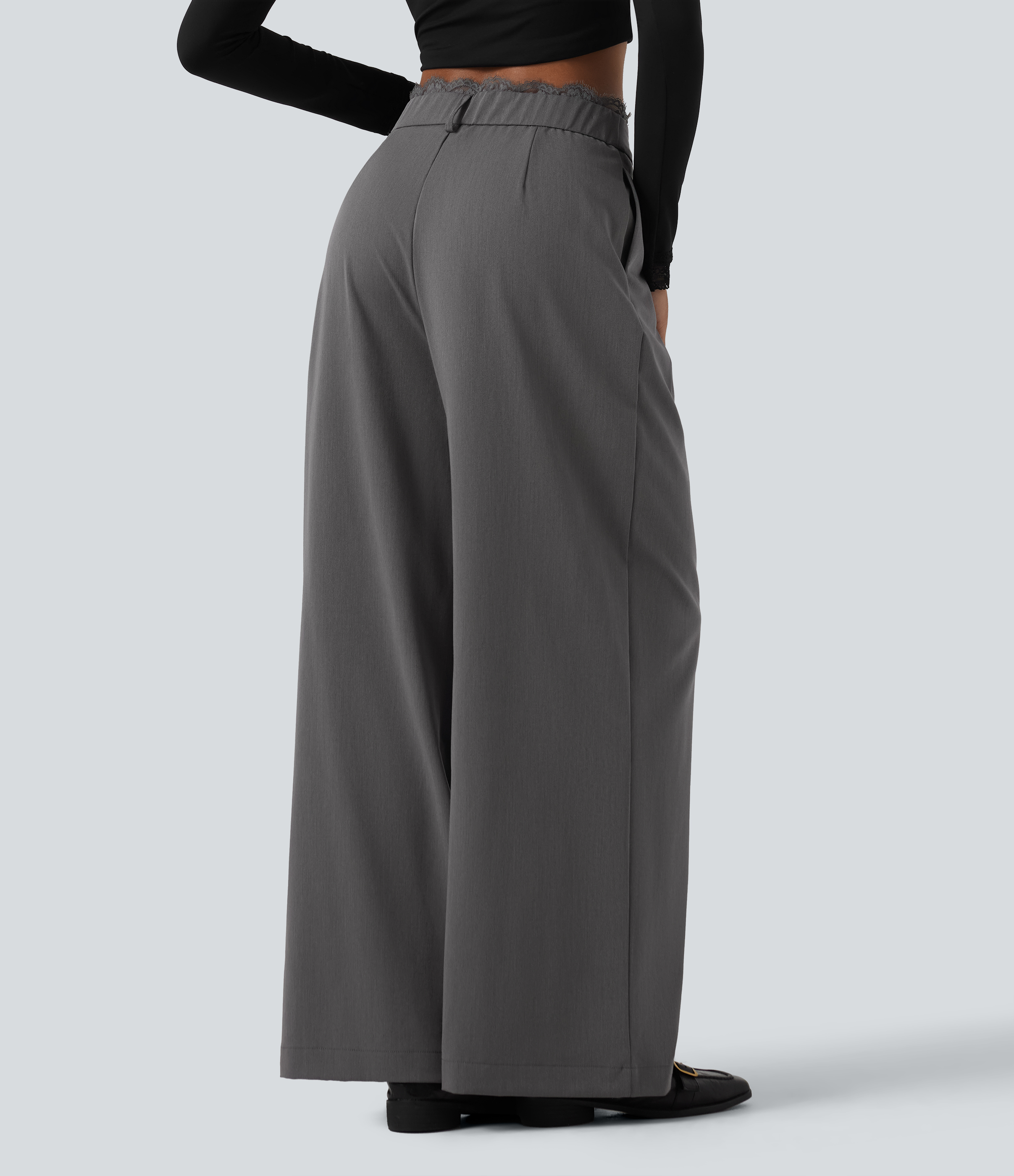 Heavy Static Grey Bürohose mit hohem Bund, Seitentaschen, Spitzeneinsatz und weitem Bein / 2