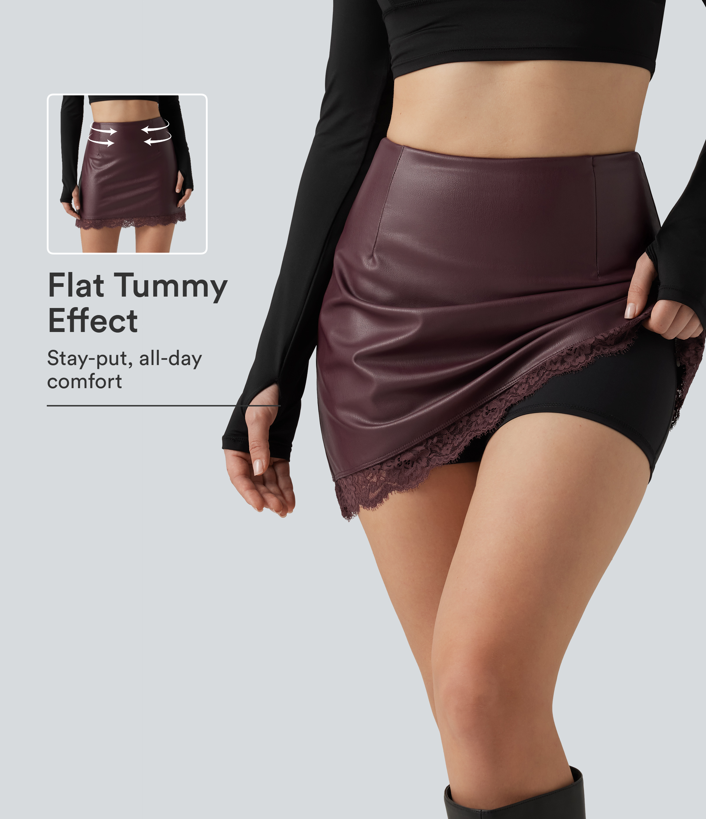 Gonna mini a vita alta a linea A, modellante per l'addome, con pizzo a contrasto e pantaloncini incorporati