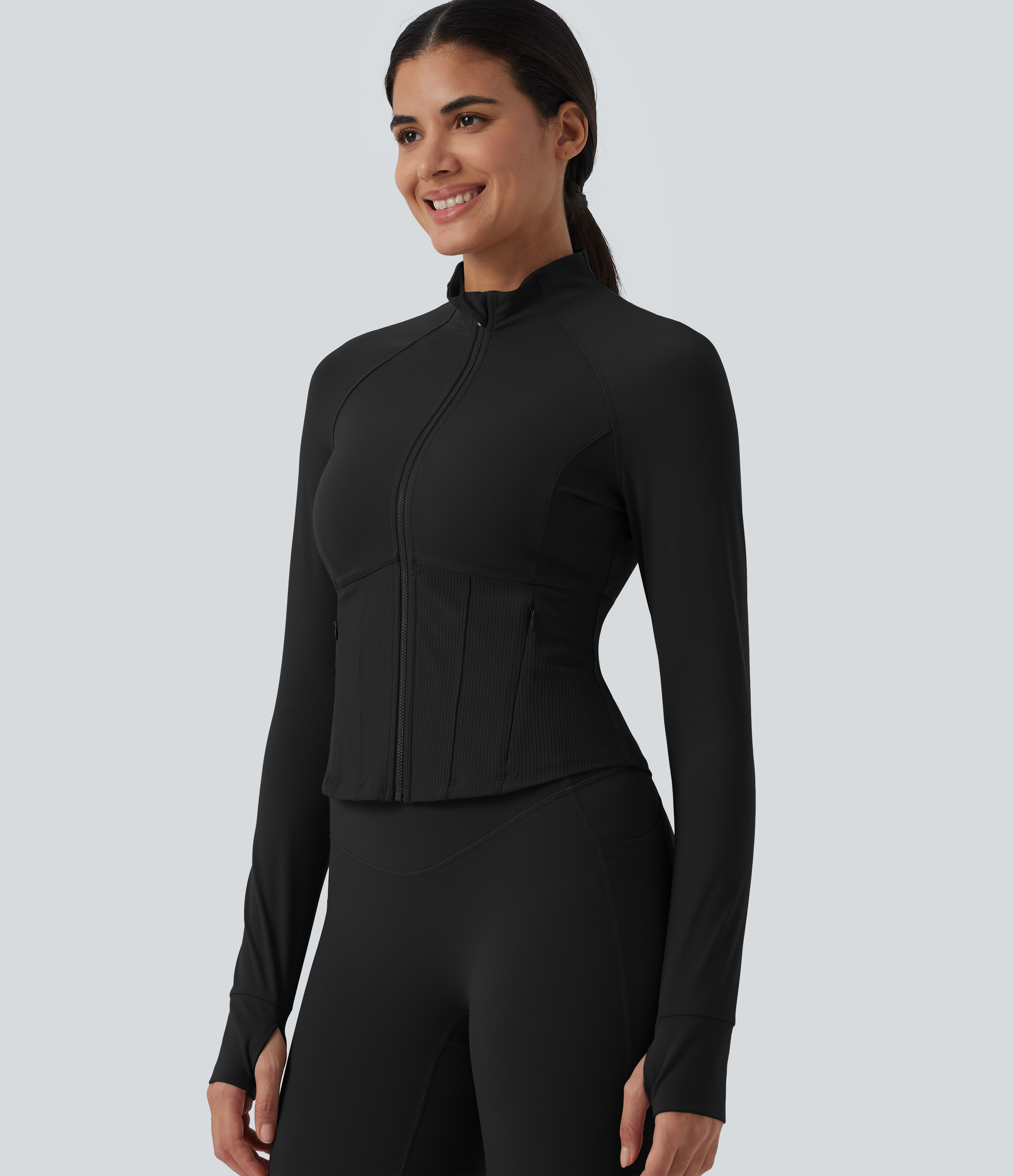 Halara UltraSculpt™ InstantCool Stand Collar Raglan Thumb Hole Curved Hem Yoga Jacket with Pockets