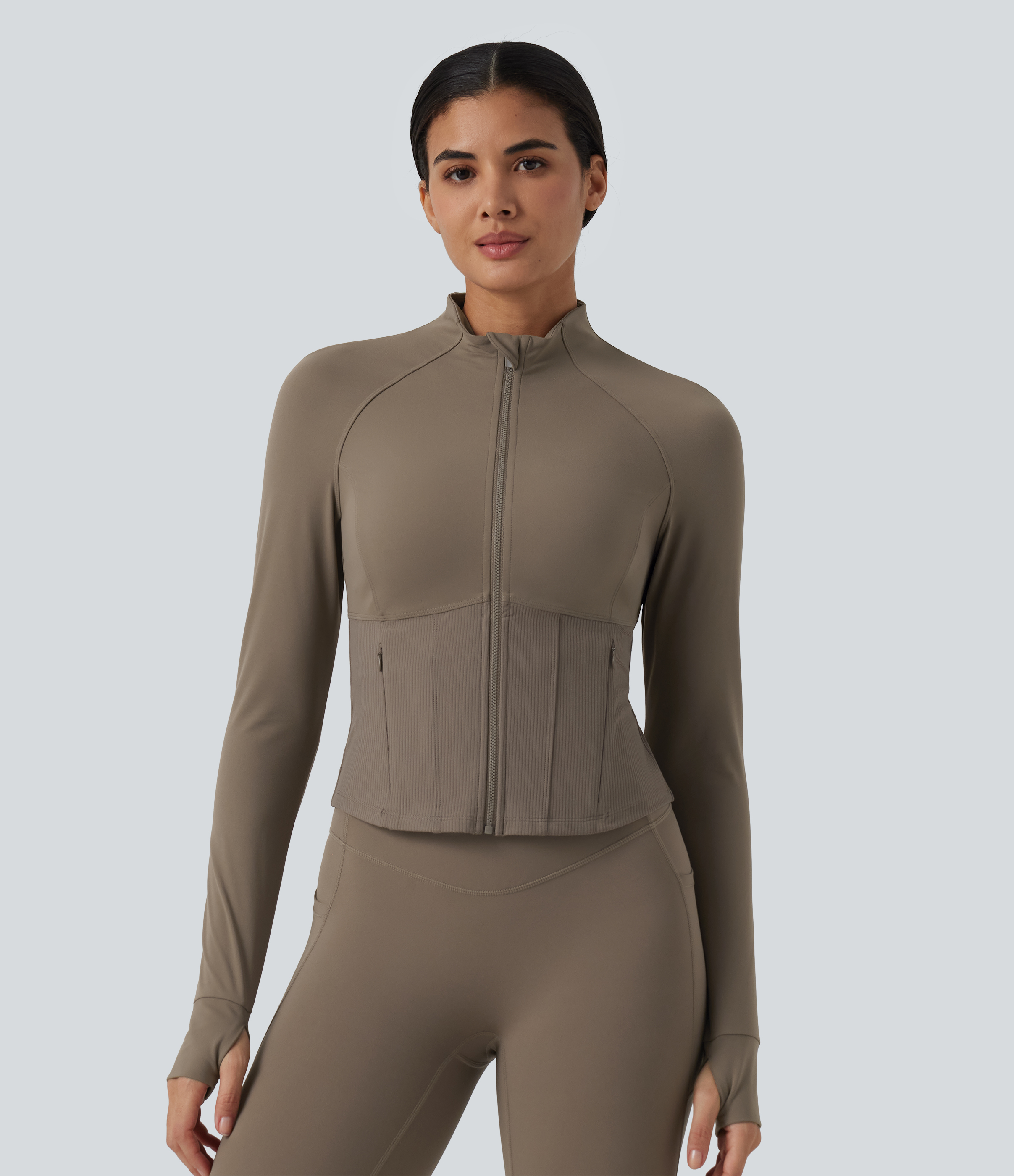 Dawn Brown Halara UltraSculpt™ InstantCool Stand Collar Raglan Thumb Hole Curved Hem Yoga Jacket with Pockets / 2
