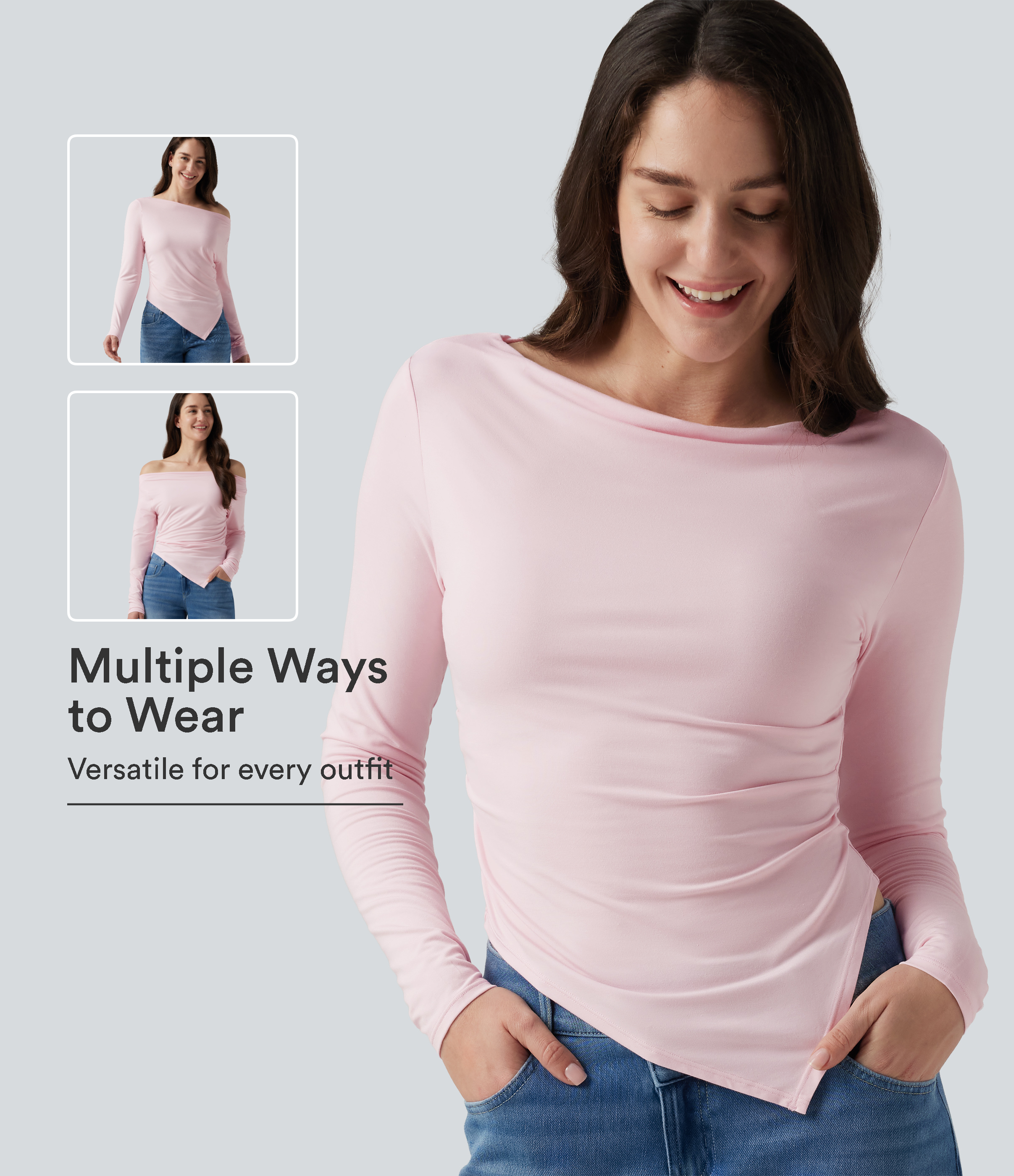 Boat Neck Long Sleeve Ruched Uneven Hem Casual Top