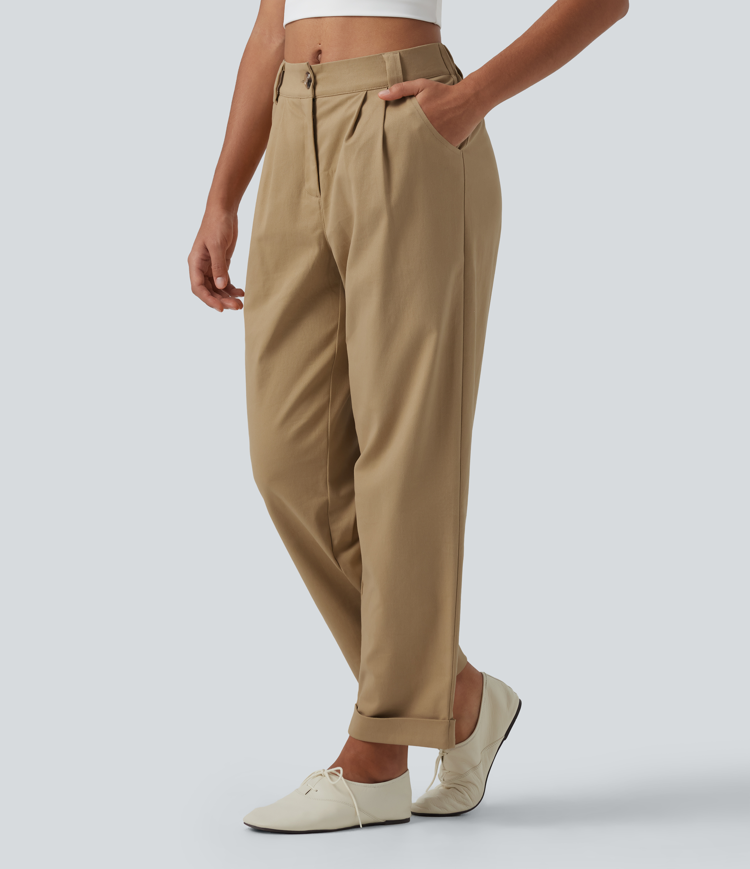 Low Rise Relaxed Rolled Hem Tapered Rolled Hem Cotton Casual Pants with Pockets