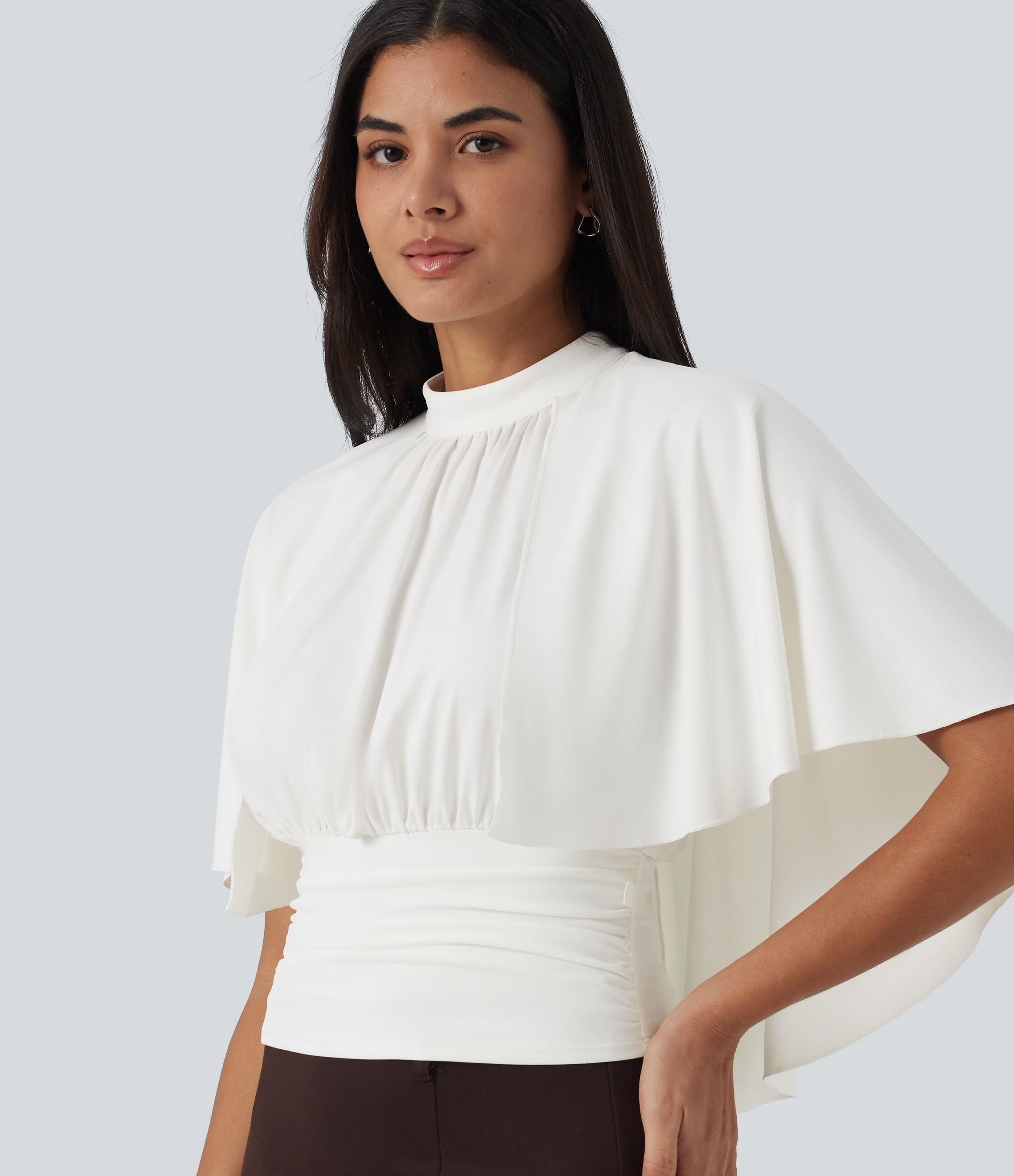 Mock Neck Batwing Short Sleeve Slim Ruched Work Blouse