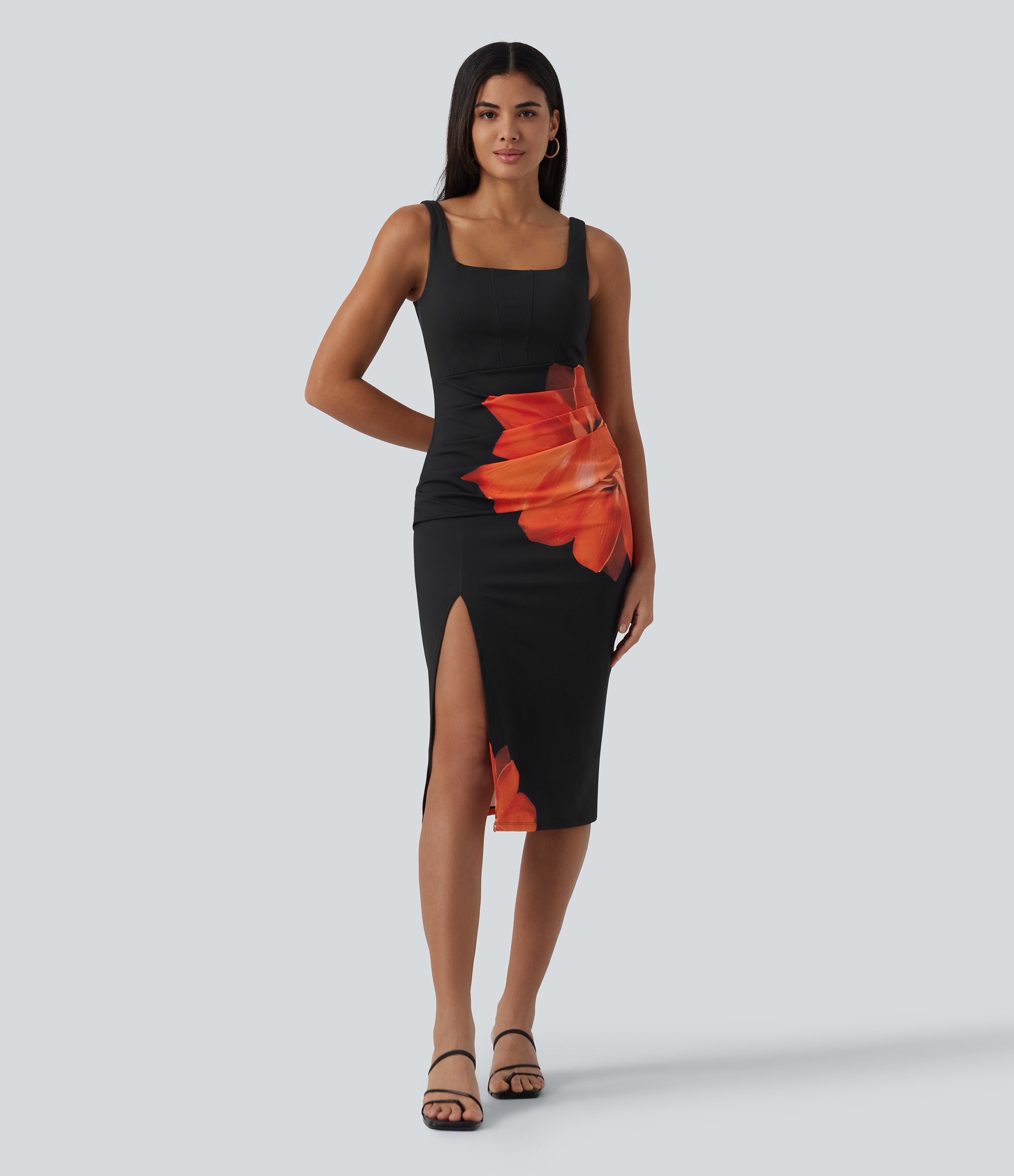 Square Neck Backless Corset Ruched Split Floral Print Bodycon Midi Party Dress