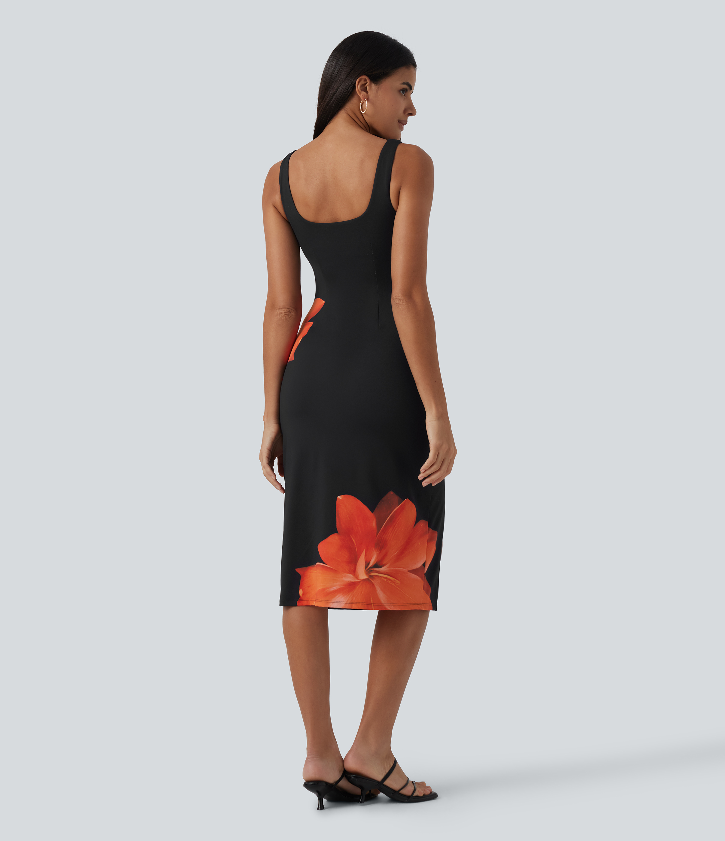 Ember Bloom Robe midi de soirée moulante à corset, encolure carrée et dos nu, à fronces, avec fente et imprimé floral / 2