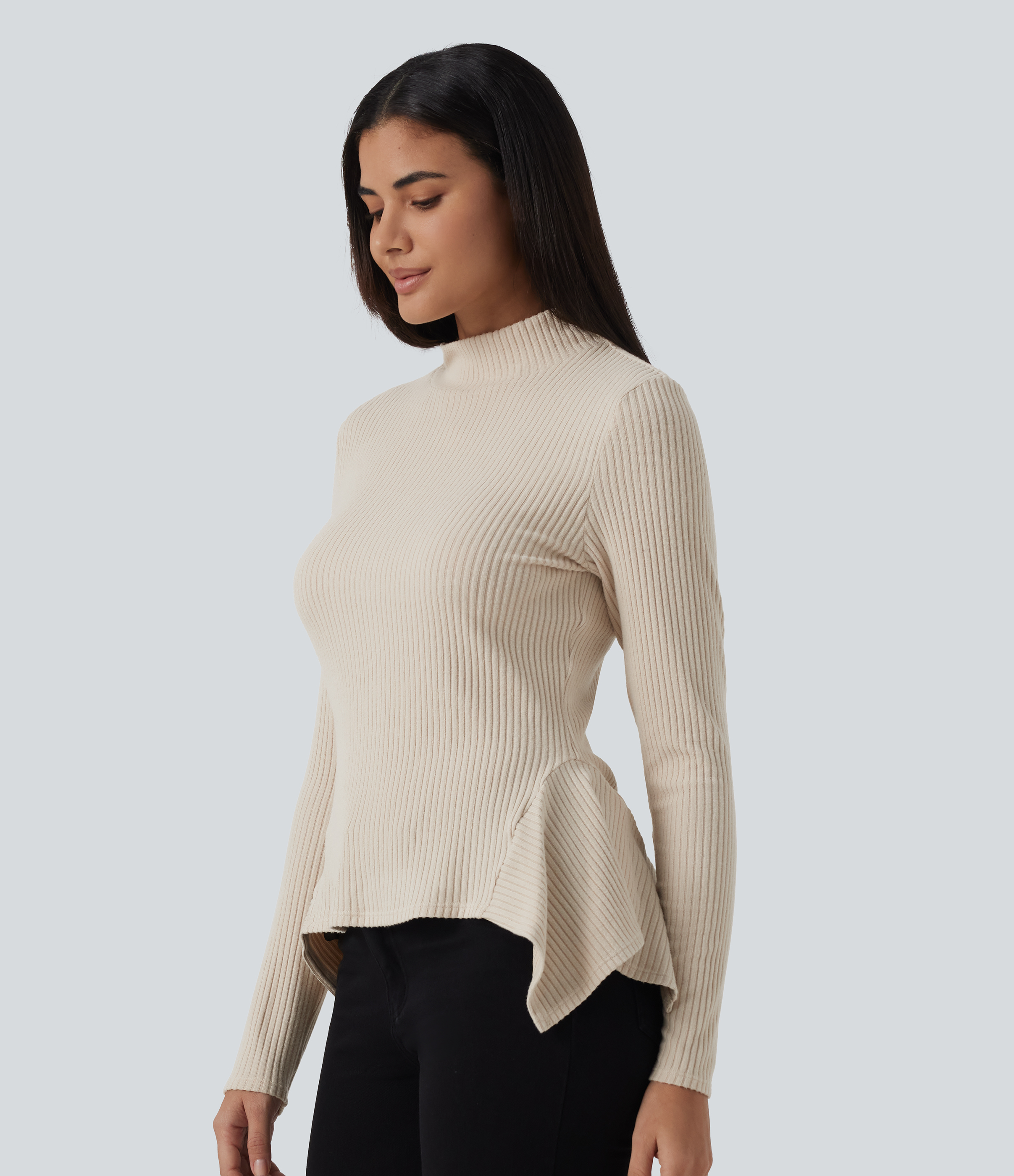 Ribbed Knit High Neck Long Sleeve Uneven Hem Slim Casual Top