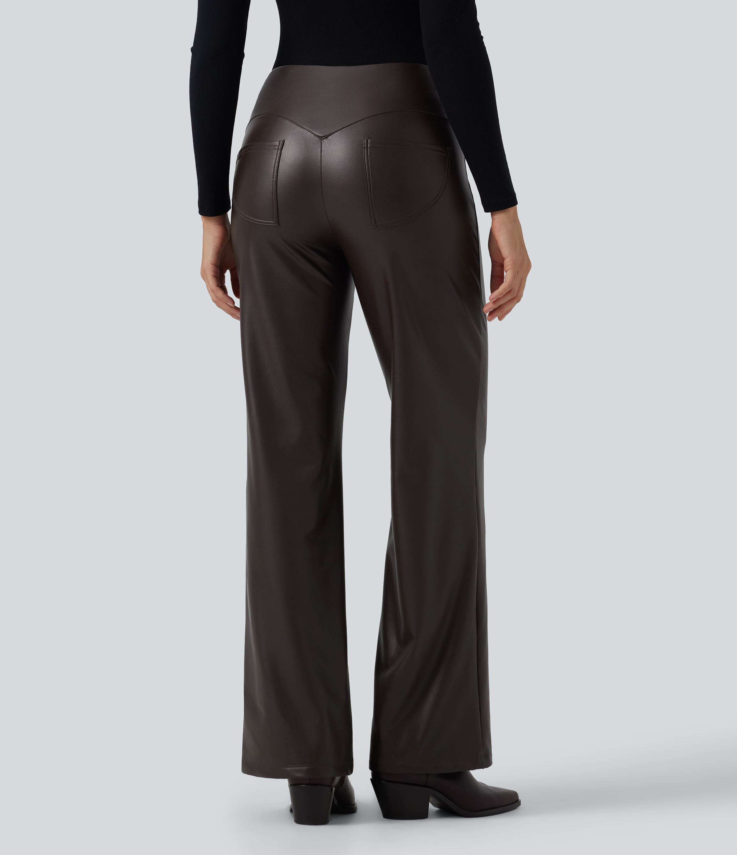 Hot Fudge Moteriškos aukšto liemens elastingos PU odos kelnės su fleece pamušalu, pilvą formuojančiu efektu, bootcut stiliaus, kasdienės, su kišenėmis / 2