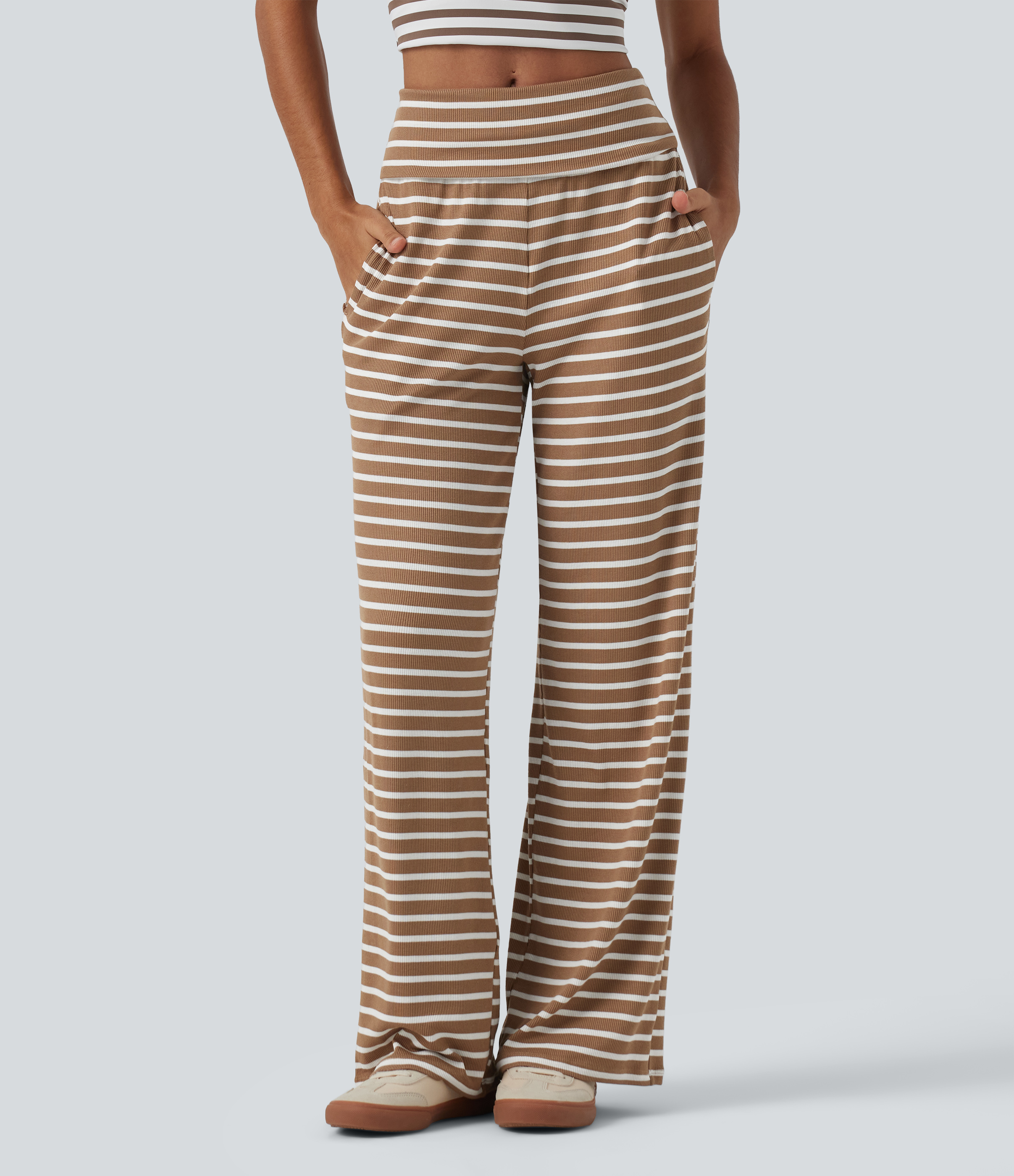 Ribbed Knit Mid Rise Wide Leg Stripe Casual Pants with Pockets