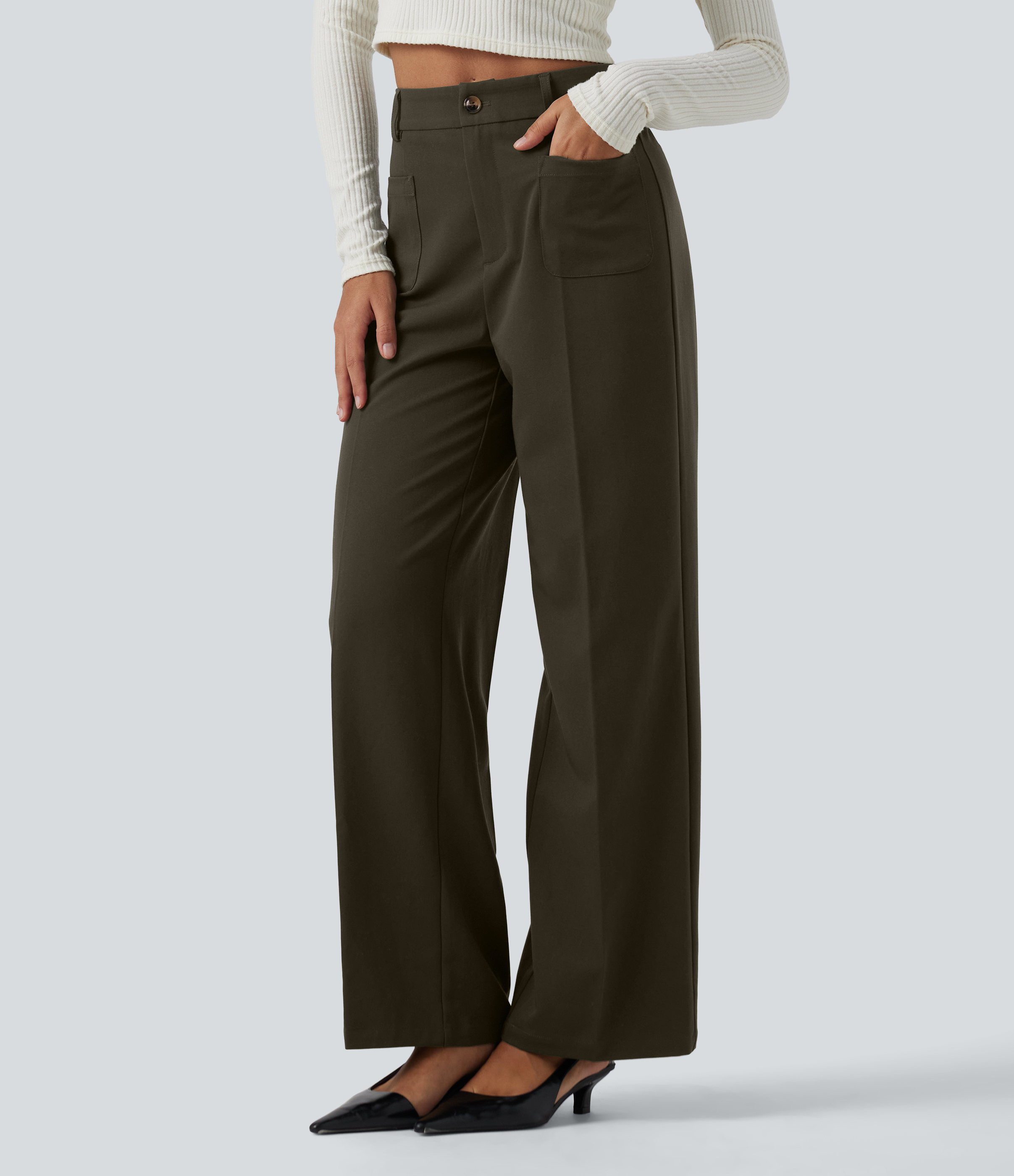 High Waisted Straight Leg Work Pants with Pockets