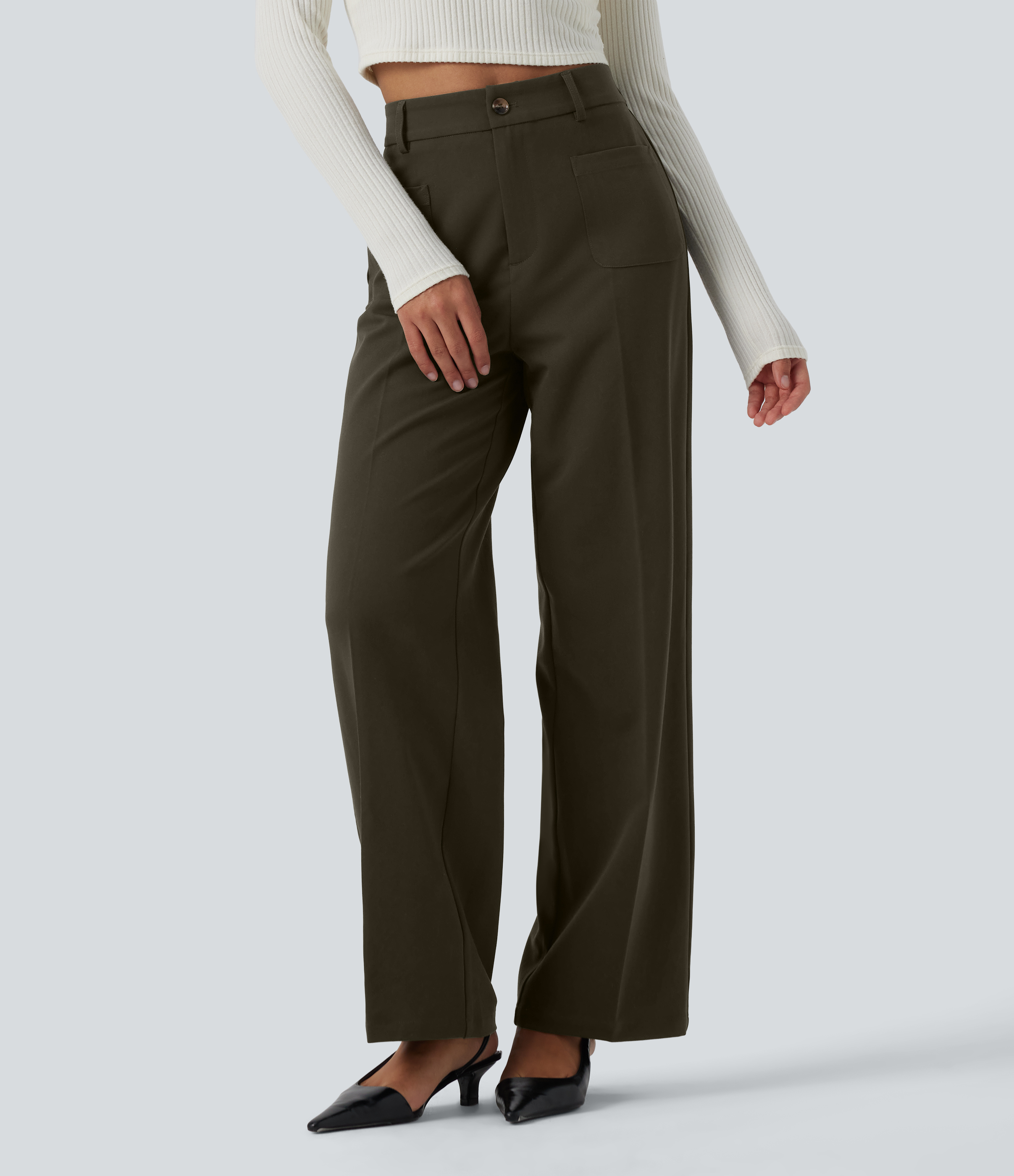 Forest Night High Waisted Straight Leg Work Pants with Pockets / 2