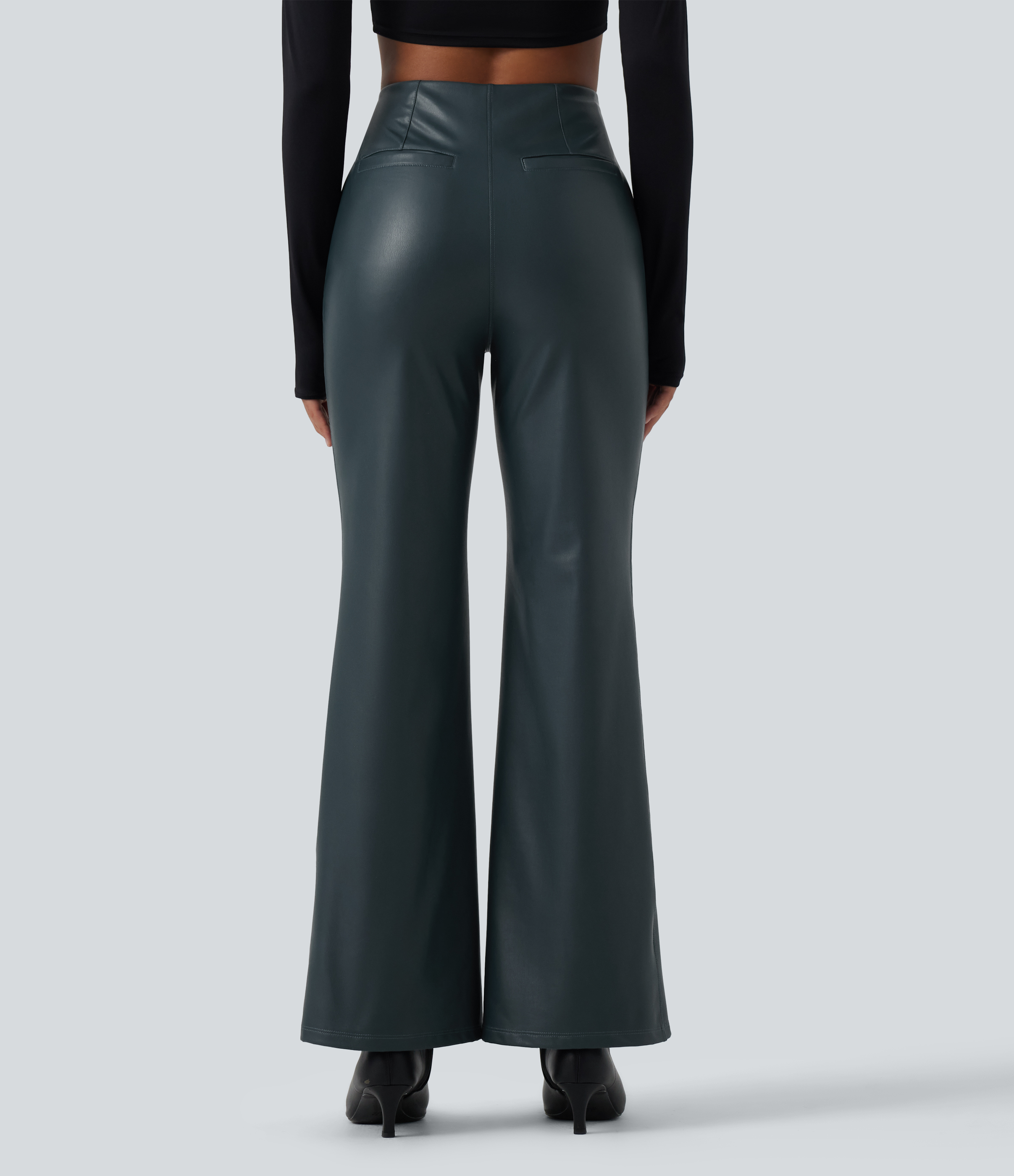 Stratified Sea High Waisted Stretchy PU Fleece Casual Bootcut Pants with Pockets / 2