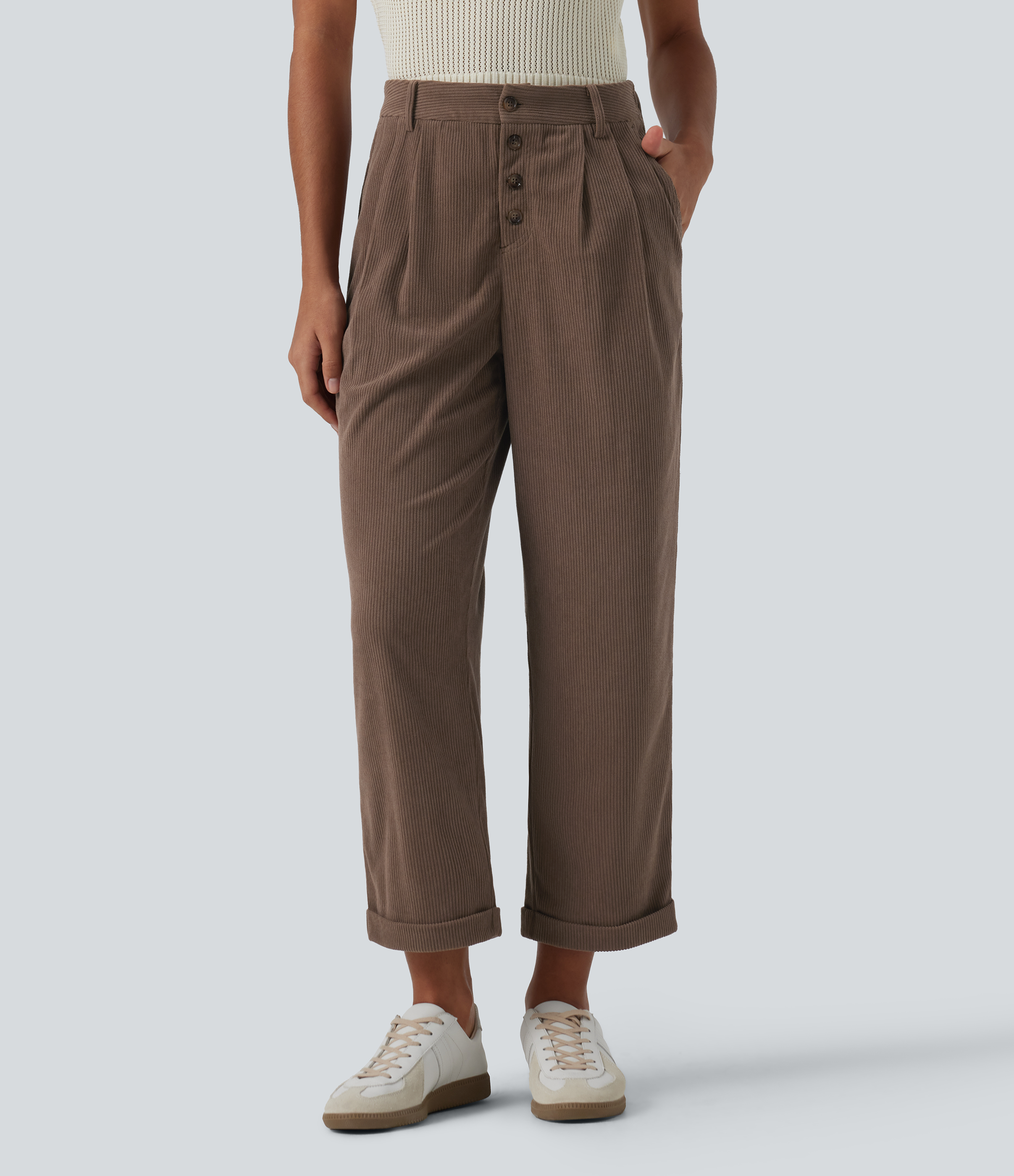 Halara Flex™ High Waisted Straight Leg Rolled Hem Corduroy Work Pants with Pockets 