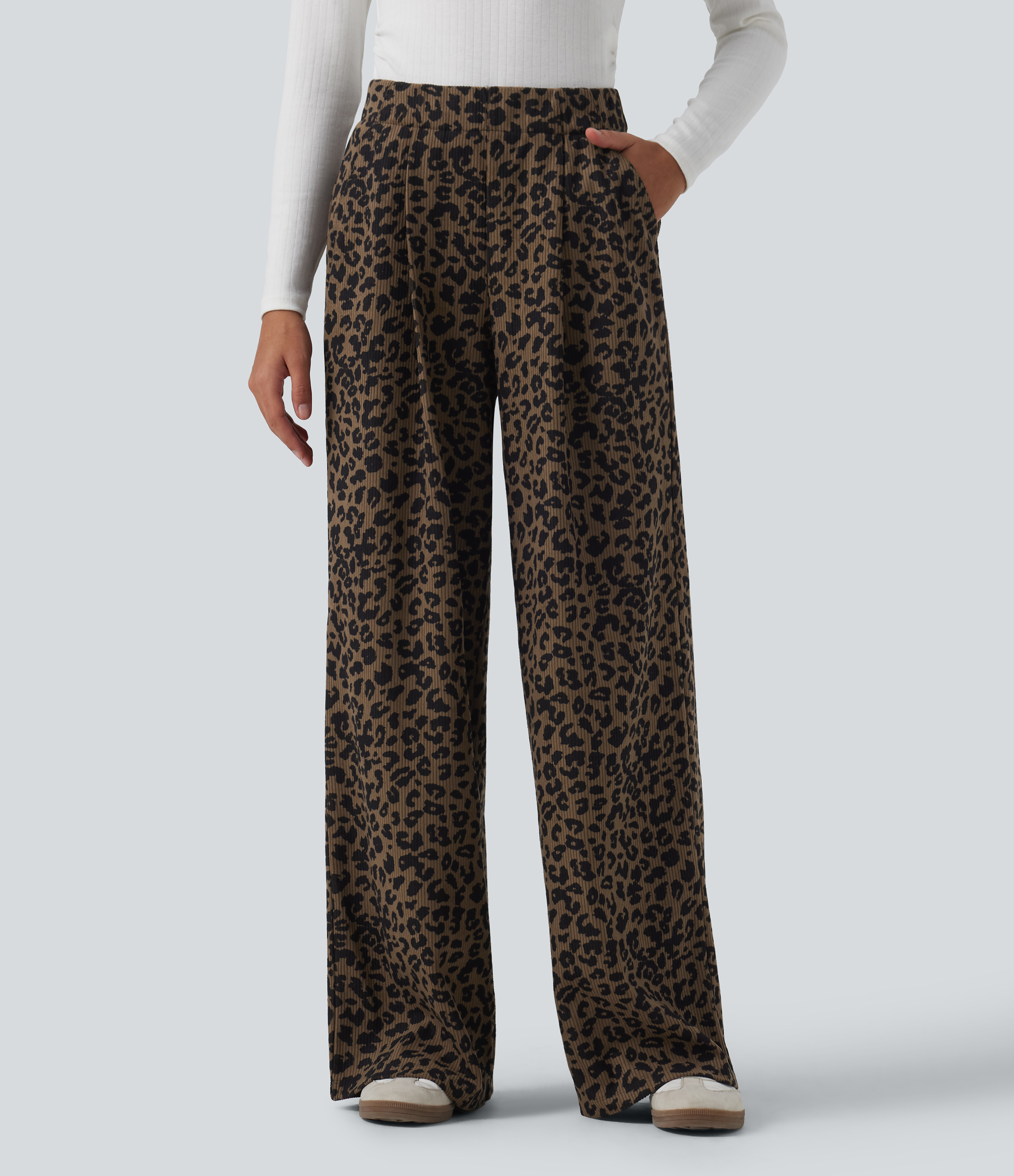 High Waisted Leopard Print Wide Leg Corduroy Casual Pants with Pockets