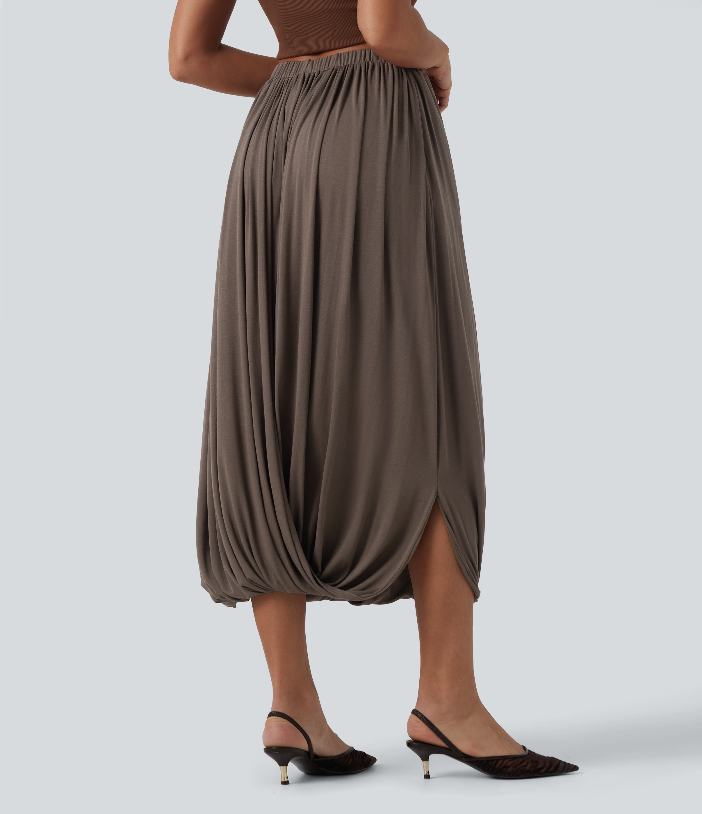 Redwood Chip Ribbed Knit High Waisted Crossover Asymmetric Midi Casual Bubble Skirt / 2
