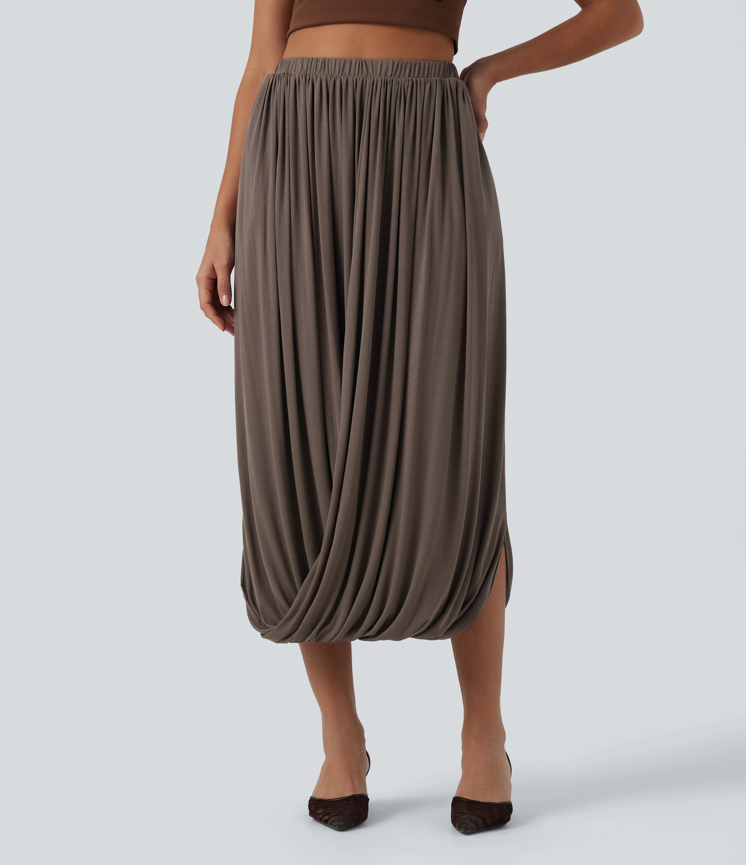Ribbed Knit High Waisted Crossover Asymmetric Midi Casual Bubble Skirt