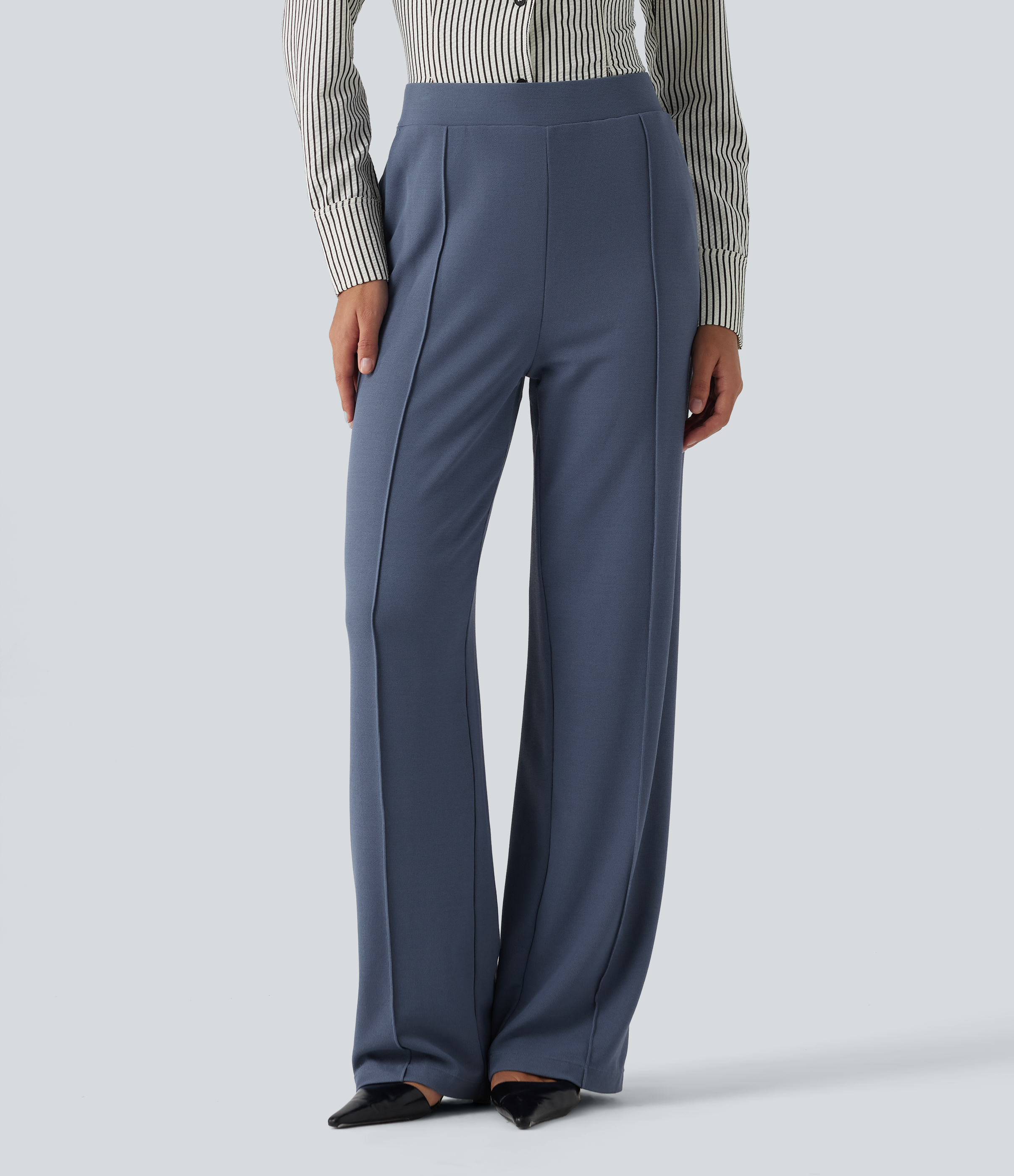 High Waisted Straight Leg Pintuck Waffle Work Pants with Pockets