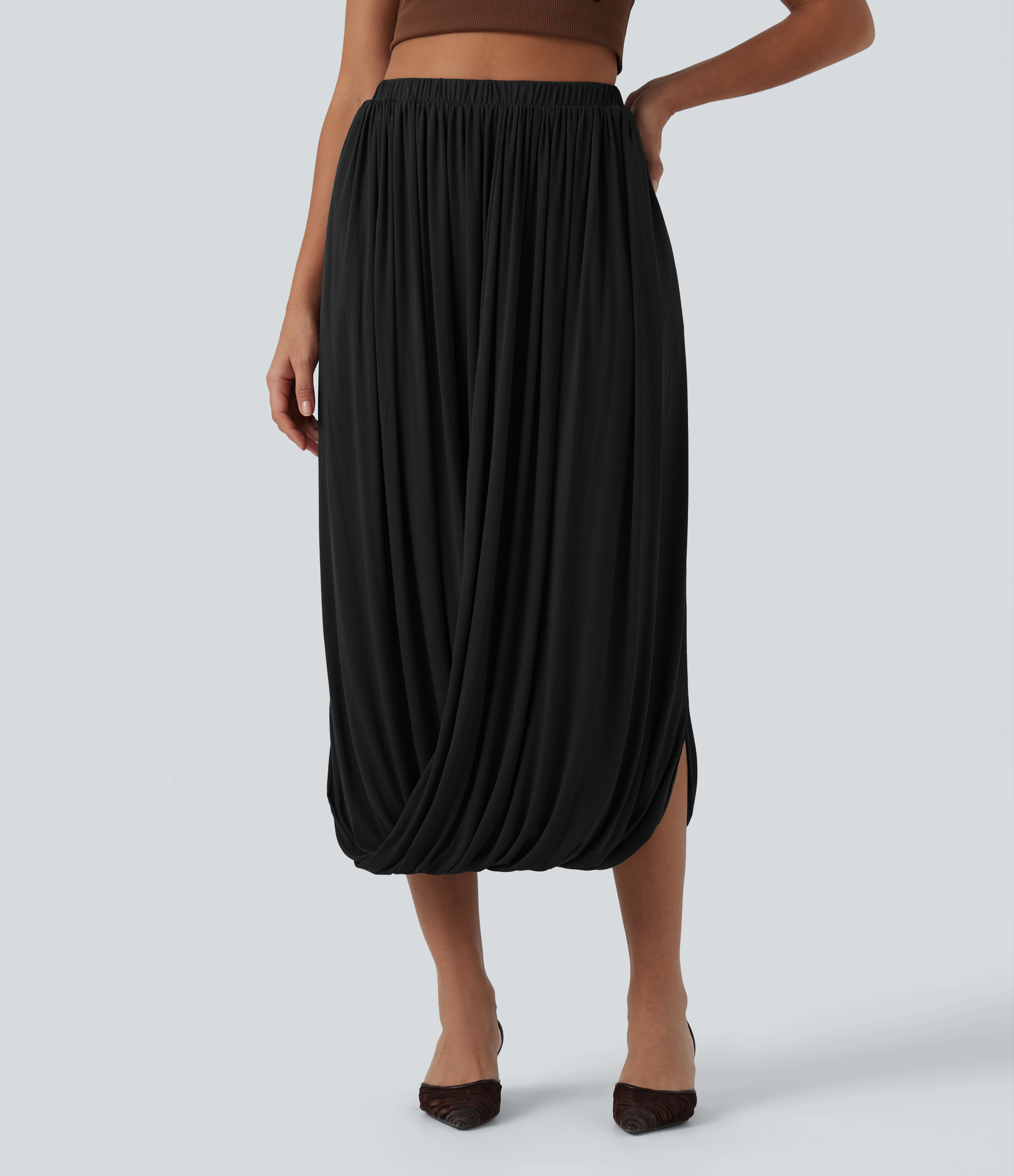 Ribbed Knit High Waisted Crossover Asymmetric Midi Casual Bubble Skirt