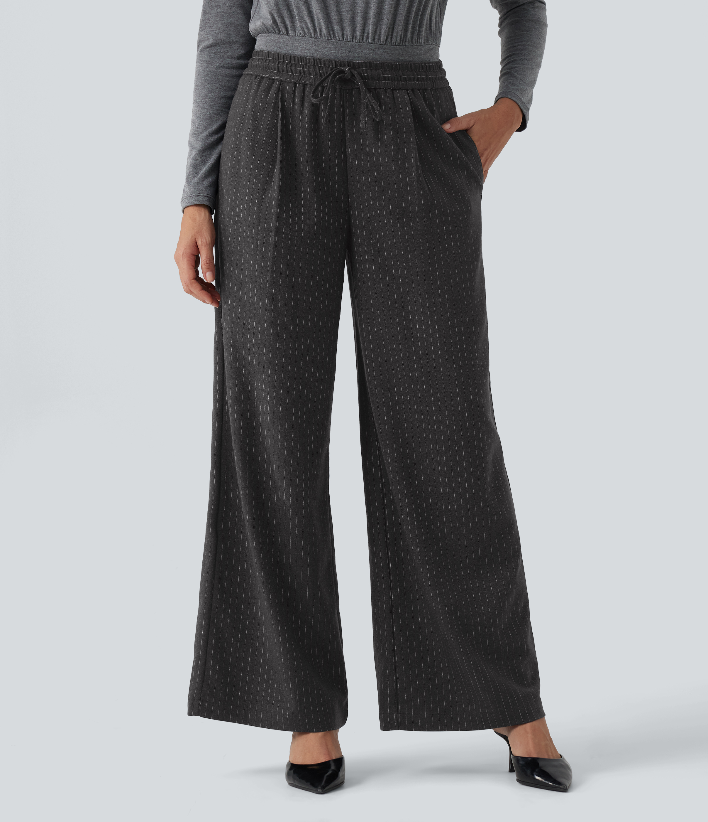 Mid Rise Drawstring Striped Baggy Casual Pants with Pockets