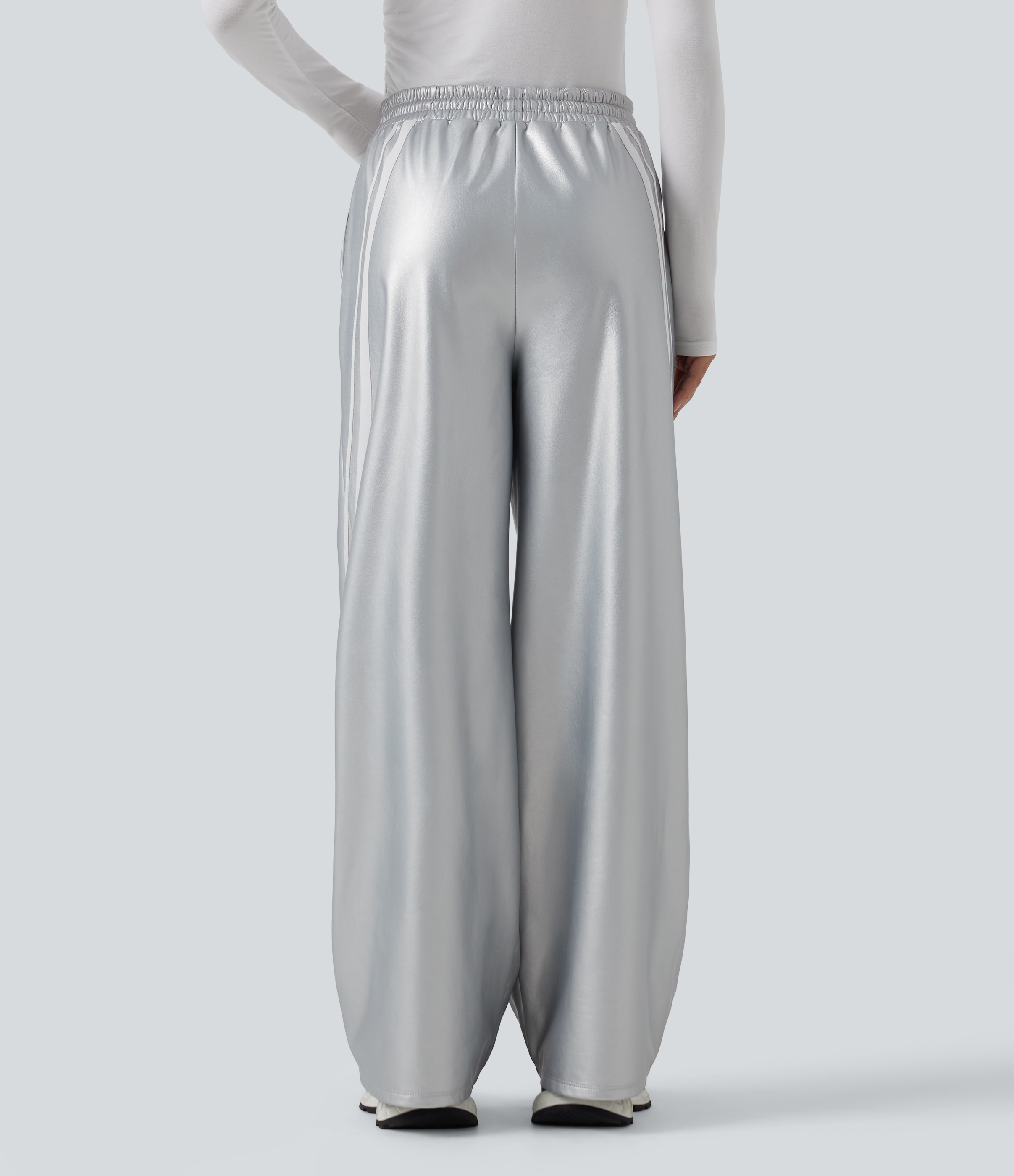 Cloud Drift High Waisted Drawstring Side Stripe Stretchy PU Fleece Wide Leg Pants with Pockets / 2