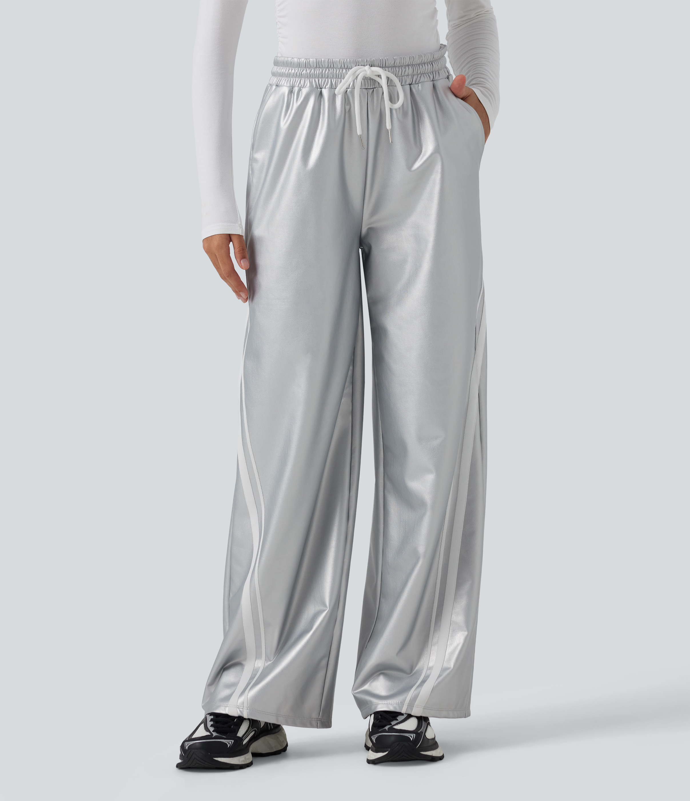 High Waisted Stretchy PU Fleece Color Block Leather Drawstring Pants with Pockets
