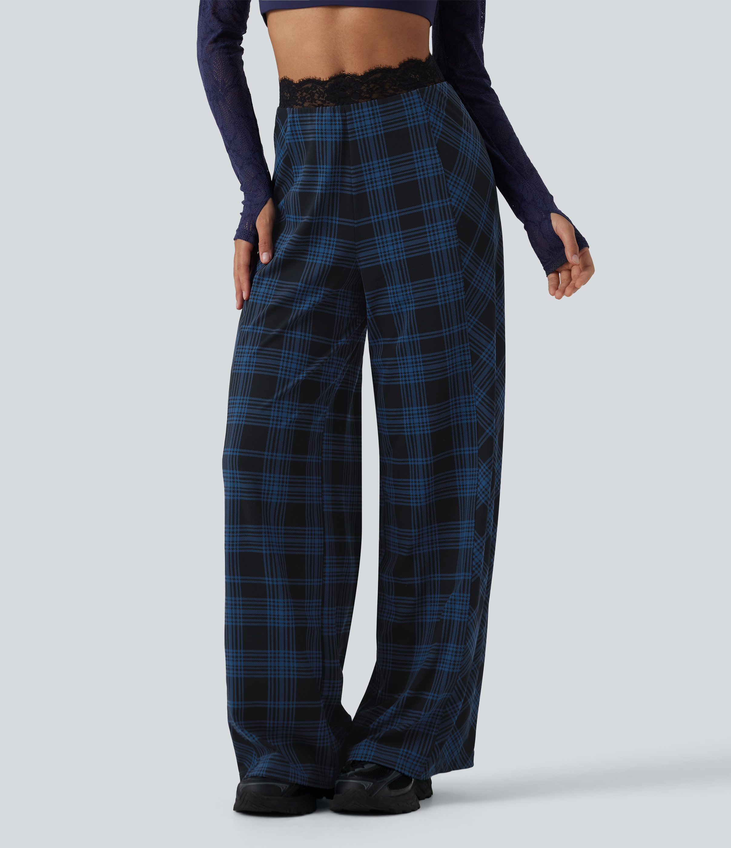 Halara UltraSculpt™ pantalon ample décontracté taille haute à carreaux avec dentelle contrastée et poches