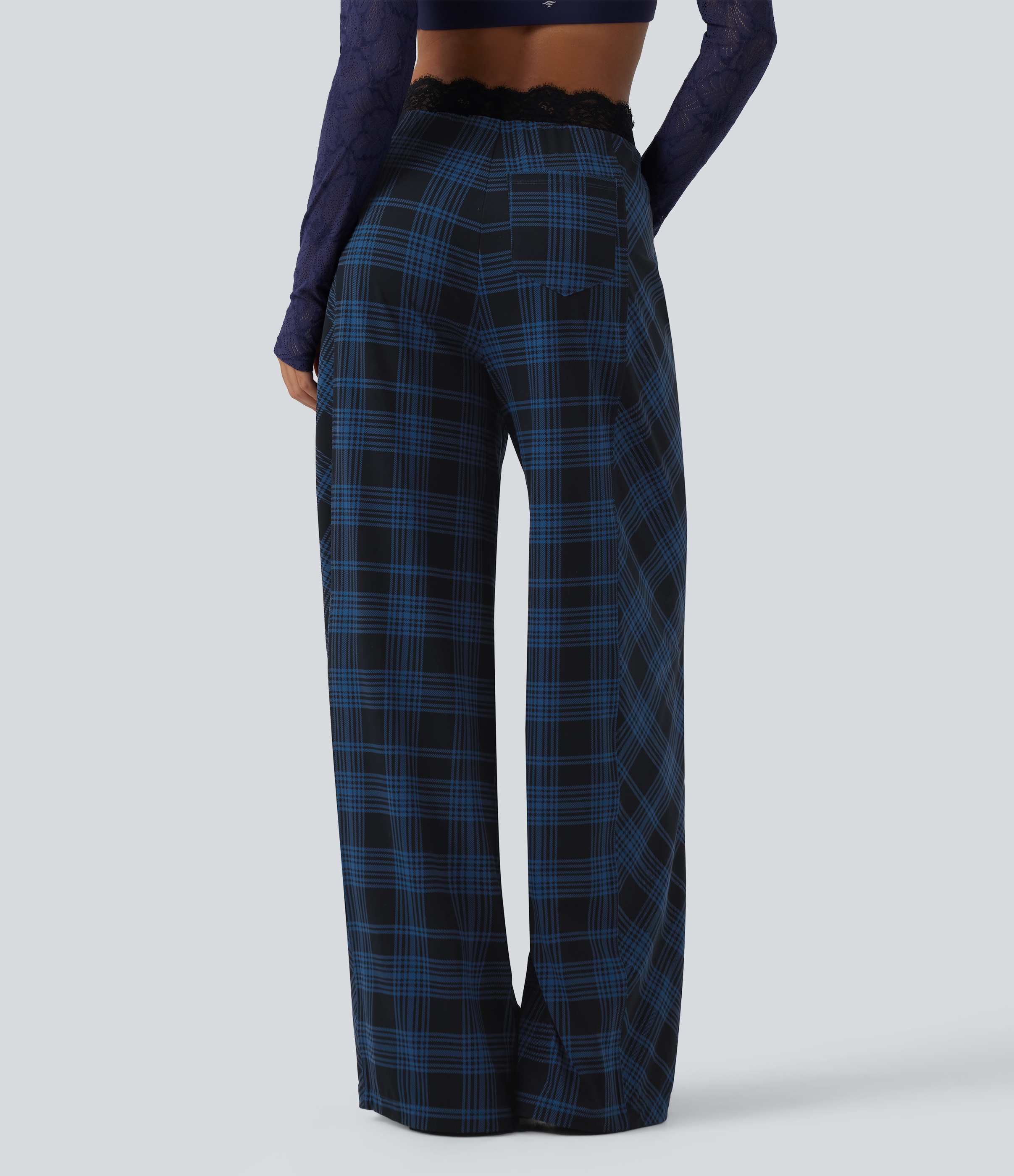 Peony Ink Plaid Halara UltraSculpt™ korkeavyötäröiset, ruudulliset, väljästi istuvat rennot housut kontrastipitseillä ja taskuilla / 2