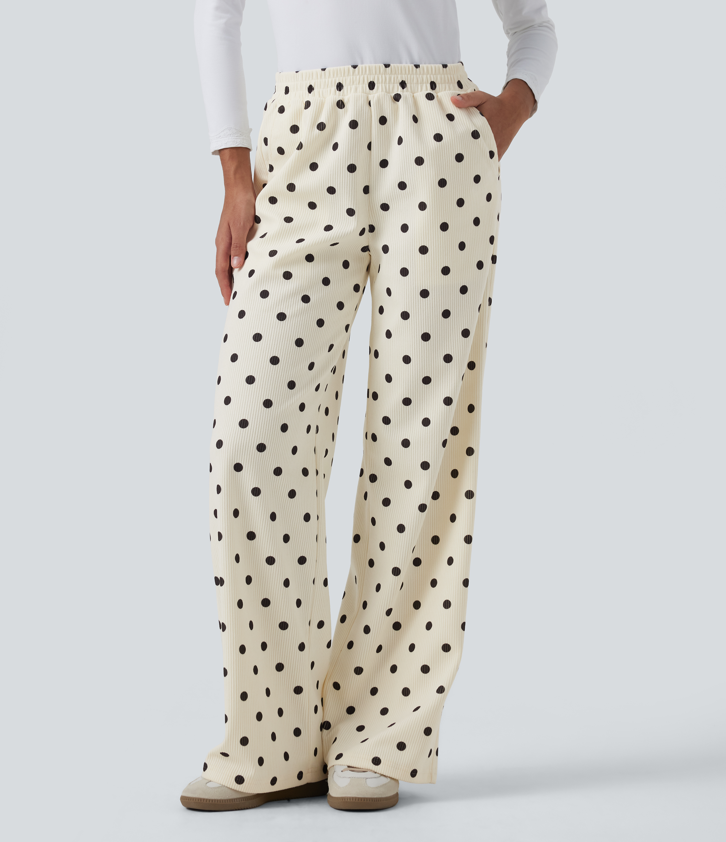 Mid Rise Polka Dot Straight Leg Corduroy Casual Pants with Pockets