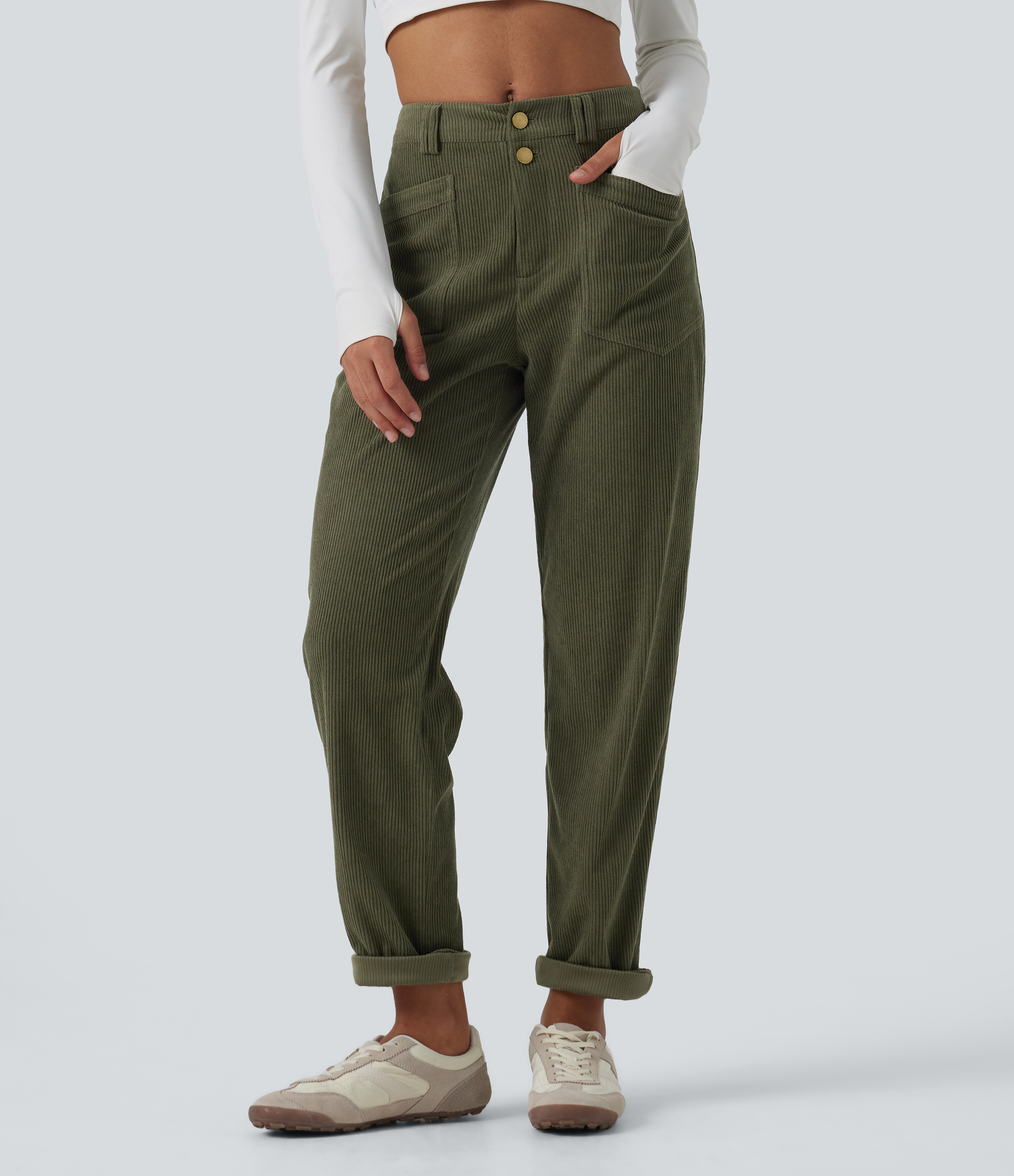 Mid Rise Tapered Corduroy Casual Trousers with Pockets