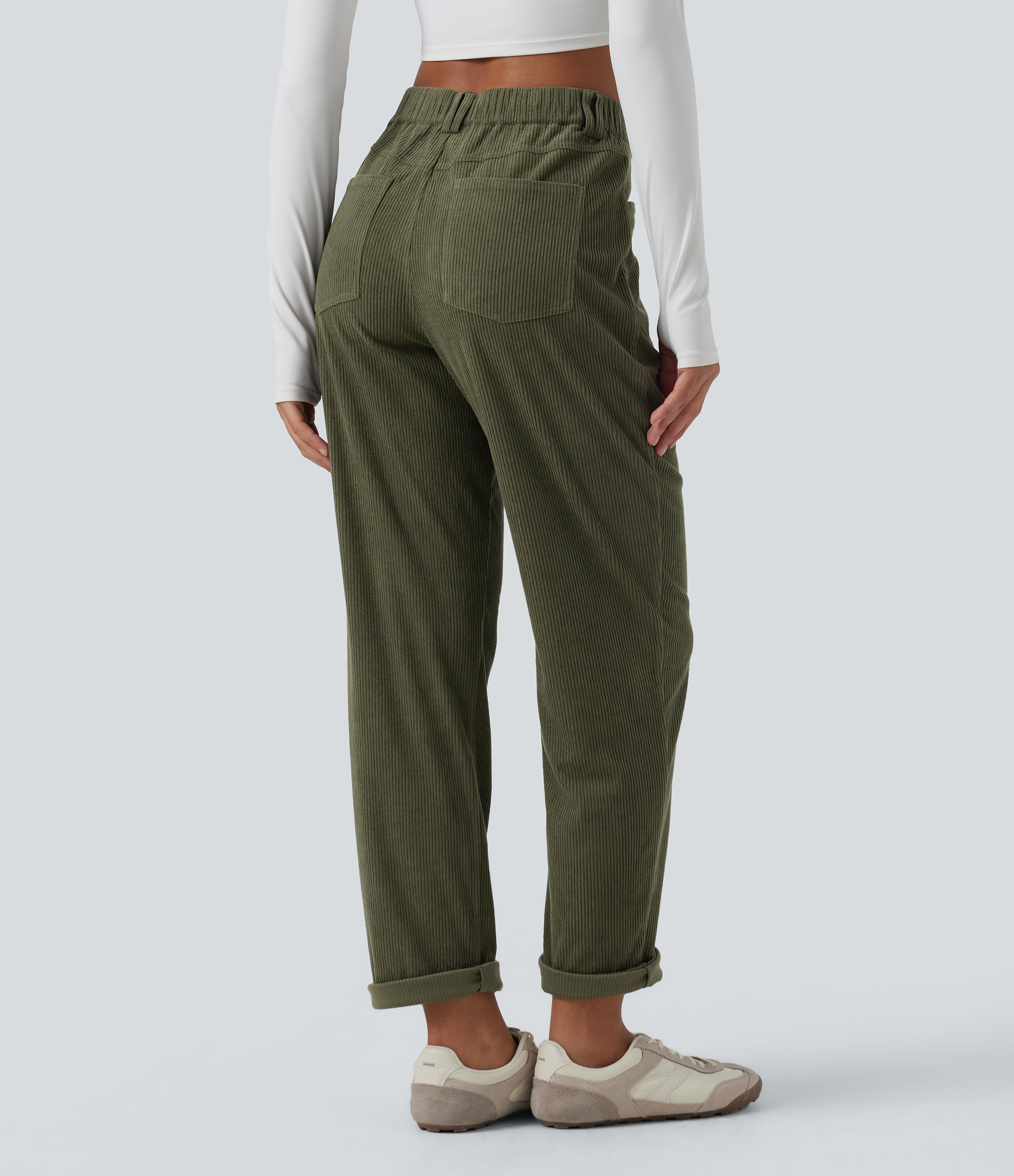 Hazel Mist Green Mid Rise Tapered Corduroy Casual Trousers with Pockets / 2