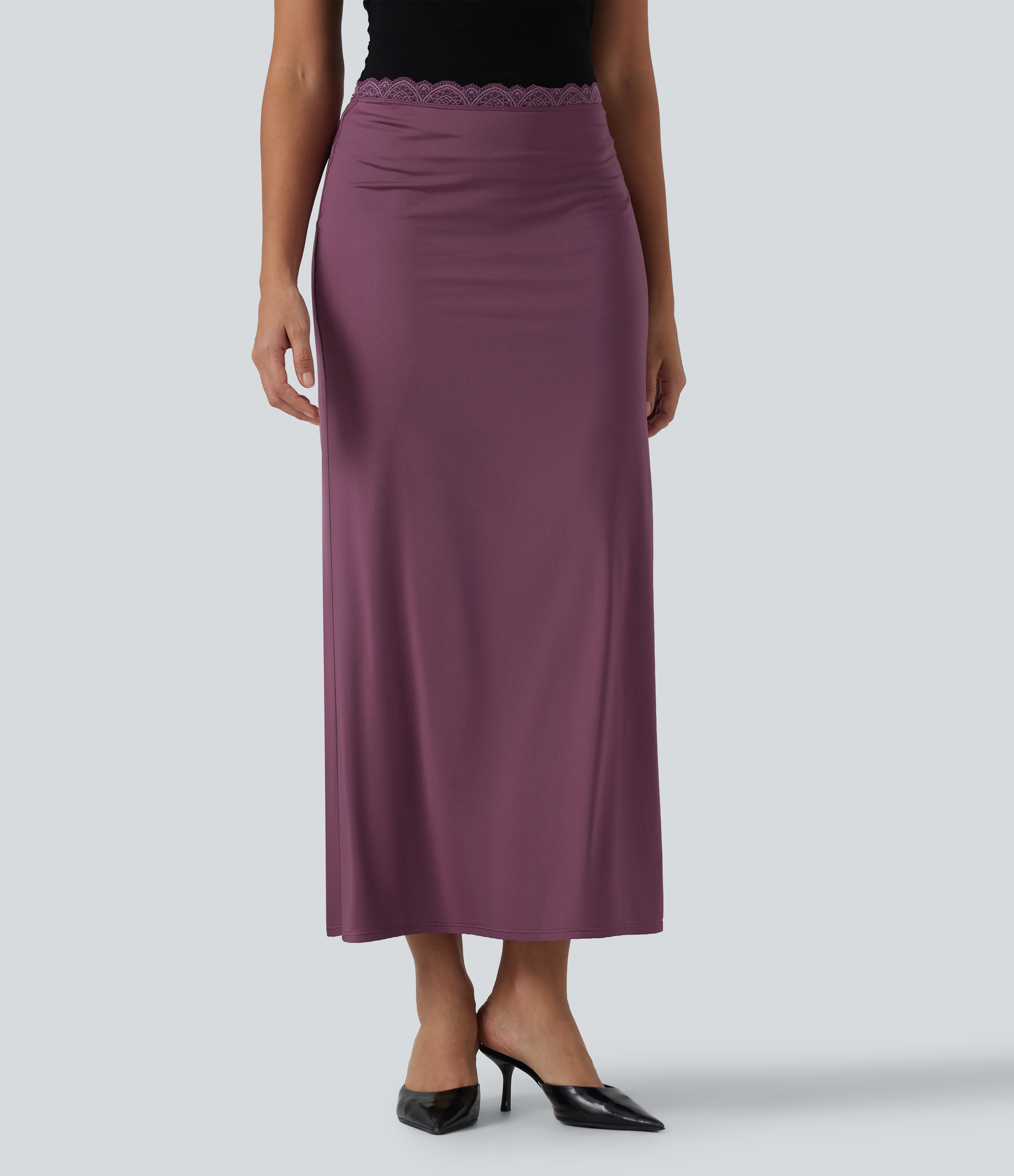 Mid Rise Contrast Lace Stretchy Satin-Like InstantCool Maxi Party Pencil Skirt