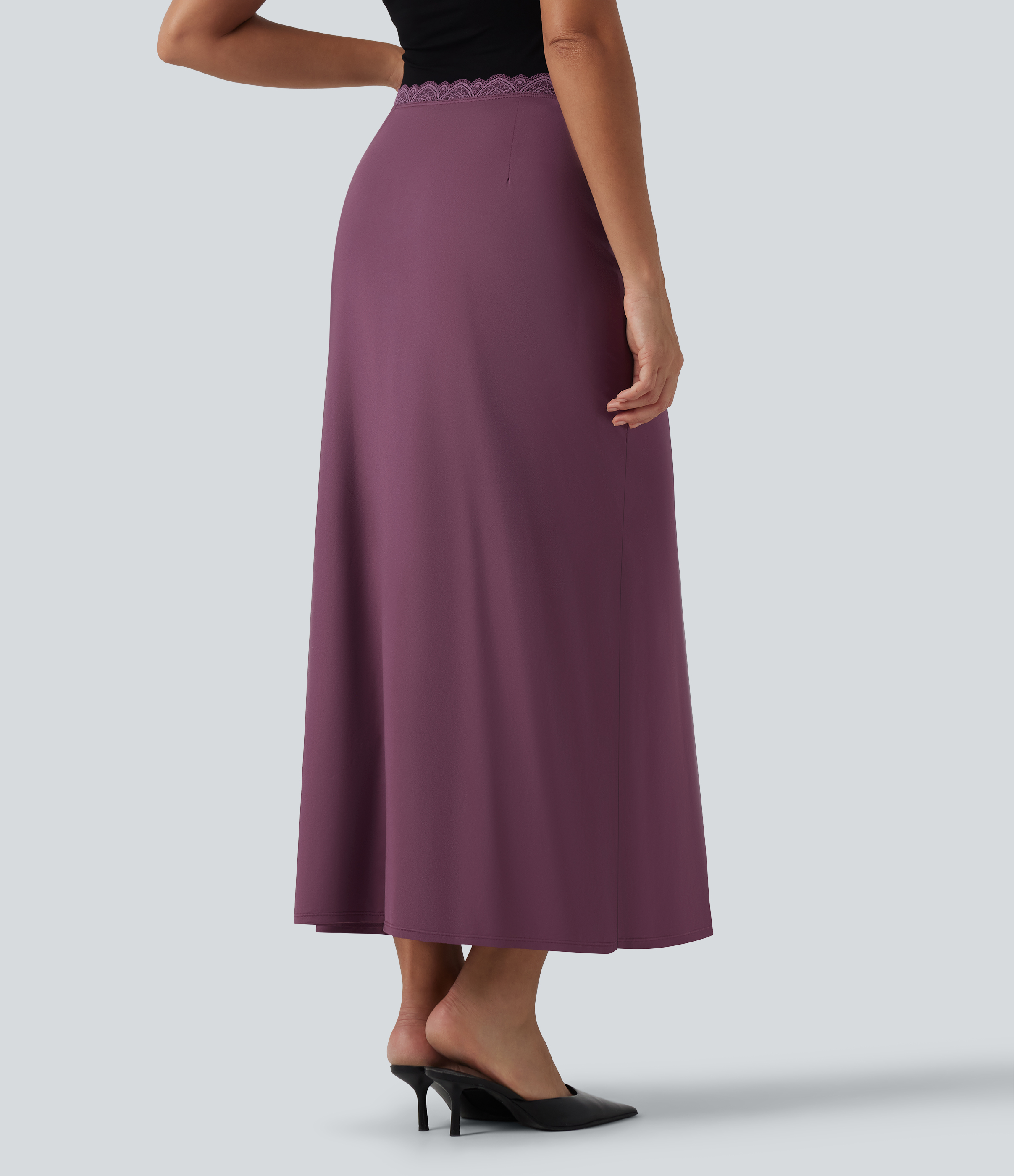 Amaranth Mid Rise Contrast Lace Stretchy Satin-Like InstantCool Maxi Party Pencil Skirt / 2