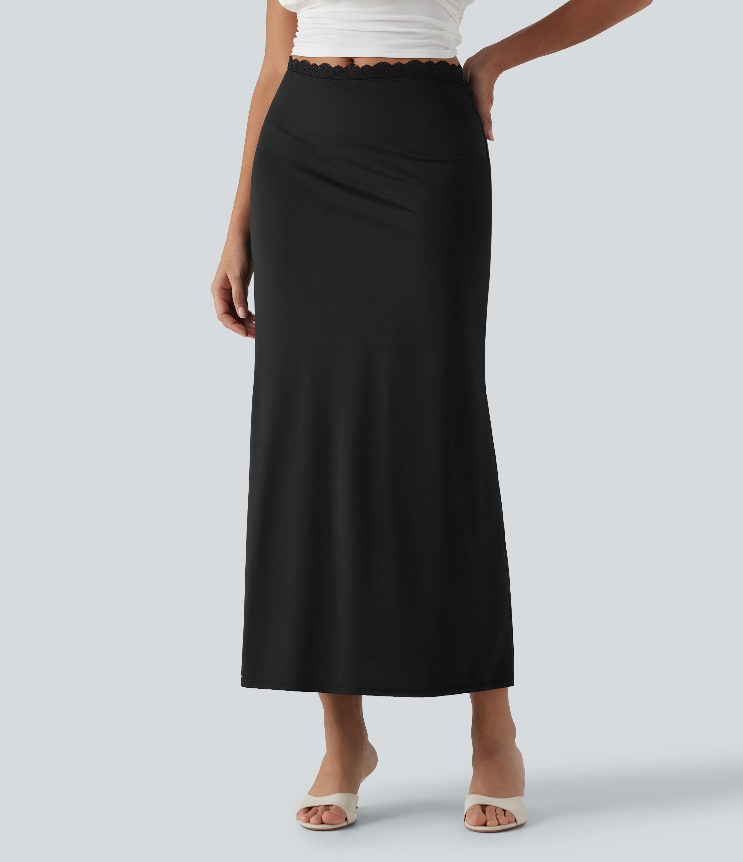 Mid Rise Contrast Lace Stretchy Satin-Like InstantCool Maxi Party Pencil Skirt