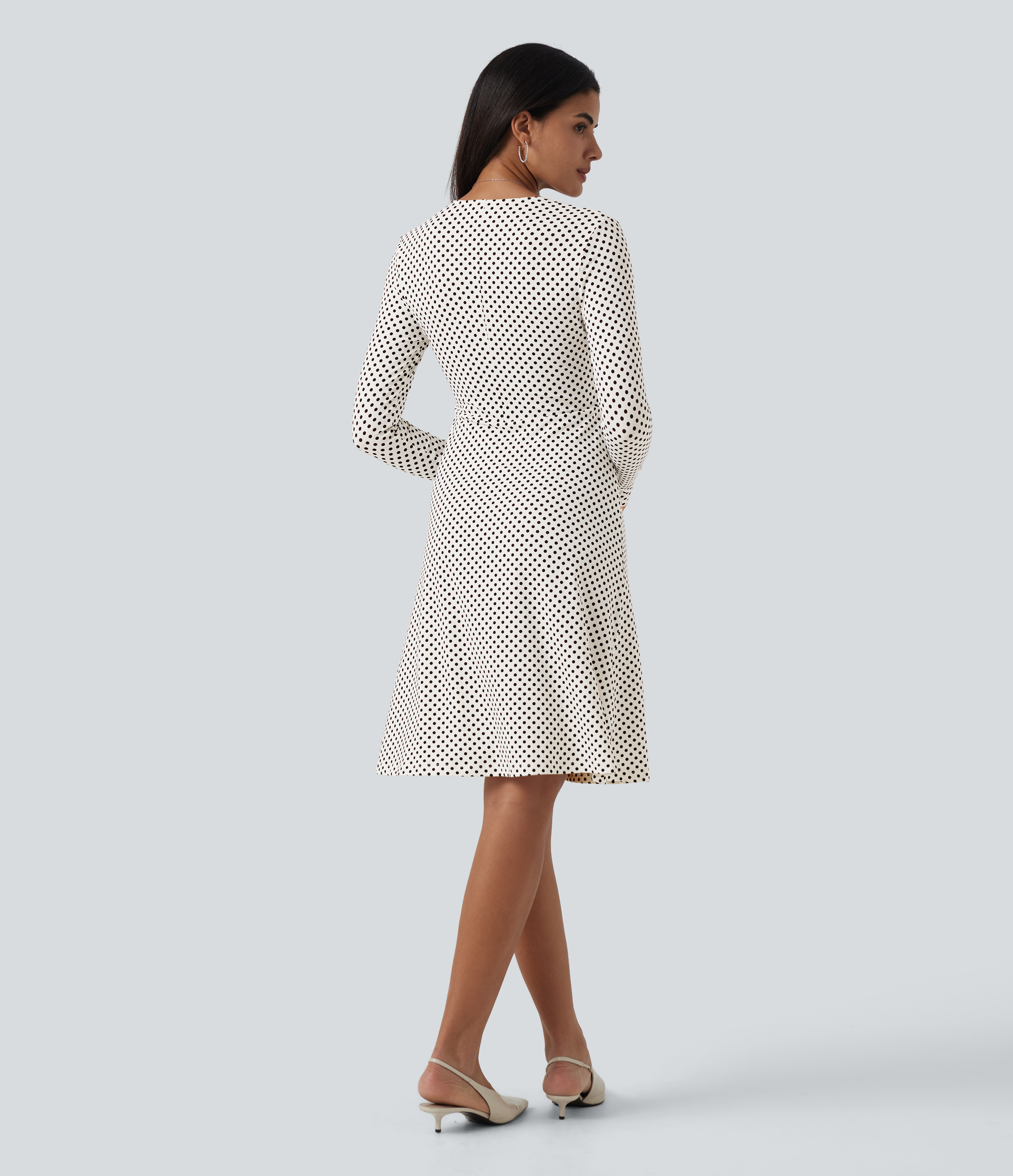 Snow Dots V-Neck Long Sleeve Polka Dot A-Line Casual Midi Dress / 2