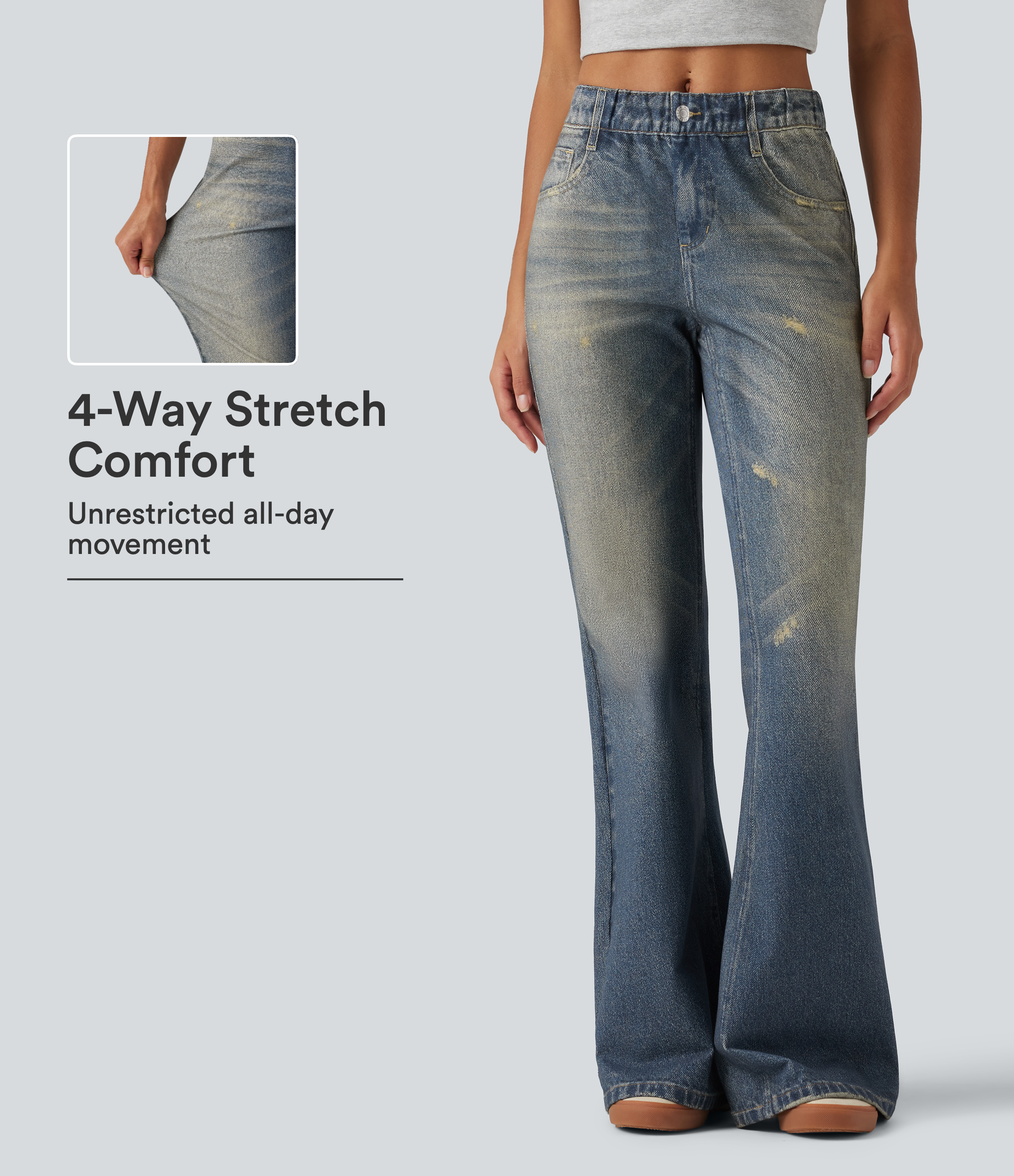 Mid Rise Denim Print Casual Flare Jeans with Pockets