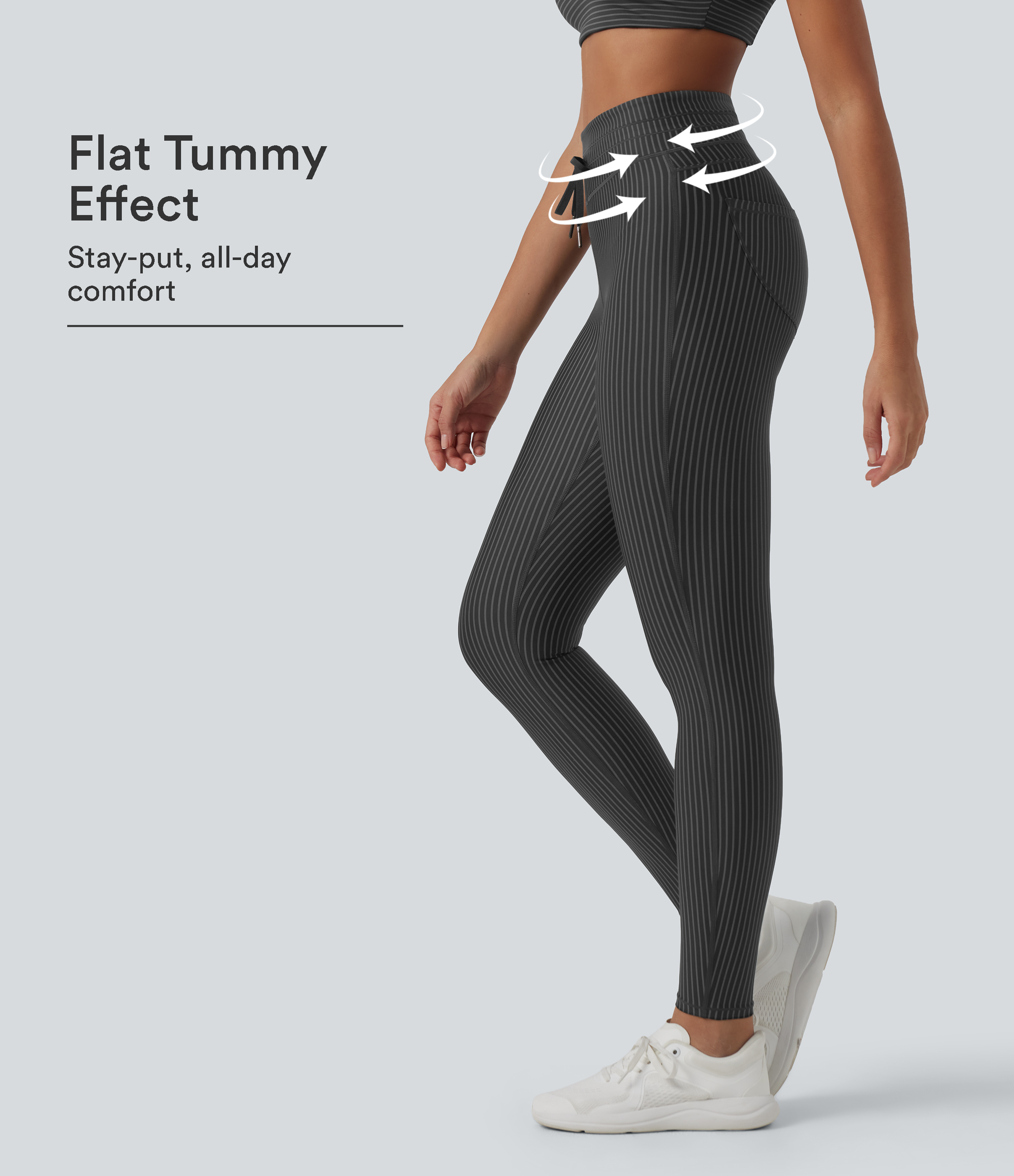 High Waisted Tummy Control Drawstring Striped Yoga Leggings with Pockets