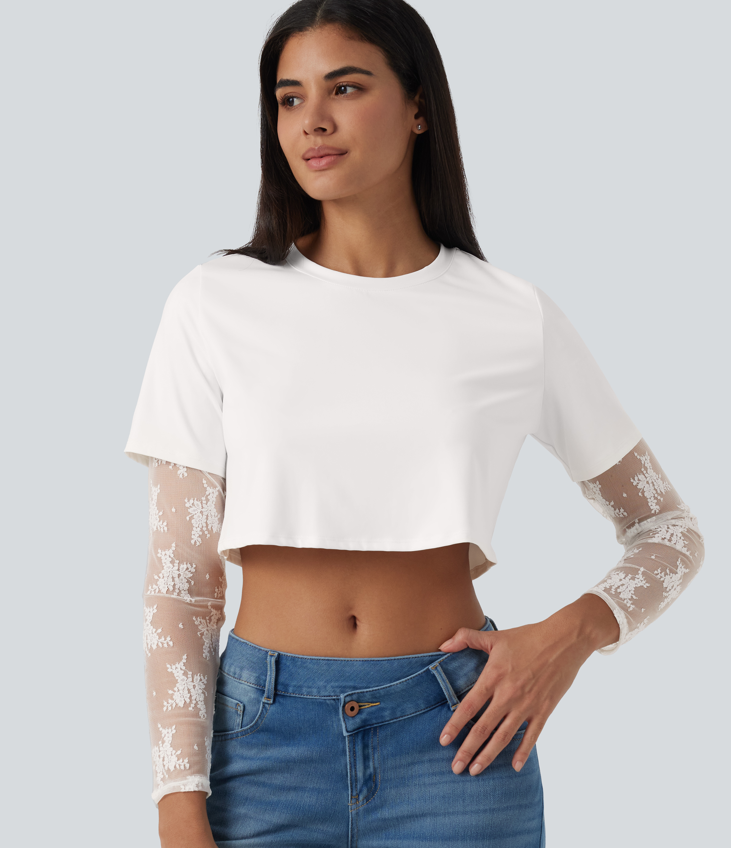 SoftlyZero™ Airy InstantCool Round Neck Long Sleeve Relaxed Lace Casual T-Shirt