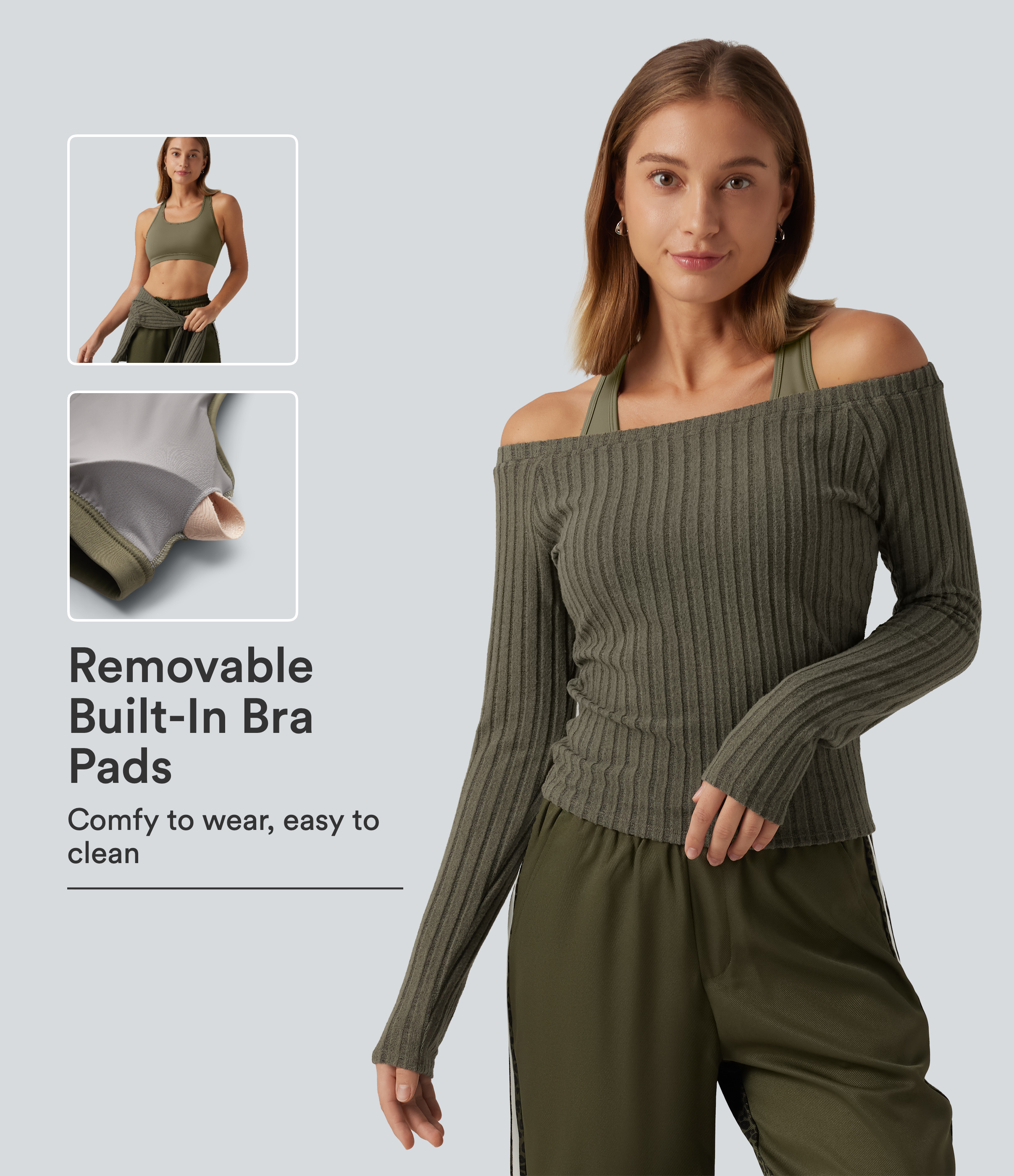 2-Piece Set Off-Shoulder Ribbed Long Sleeve Lounge Top with Built-in Bra