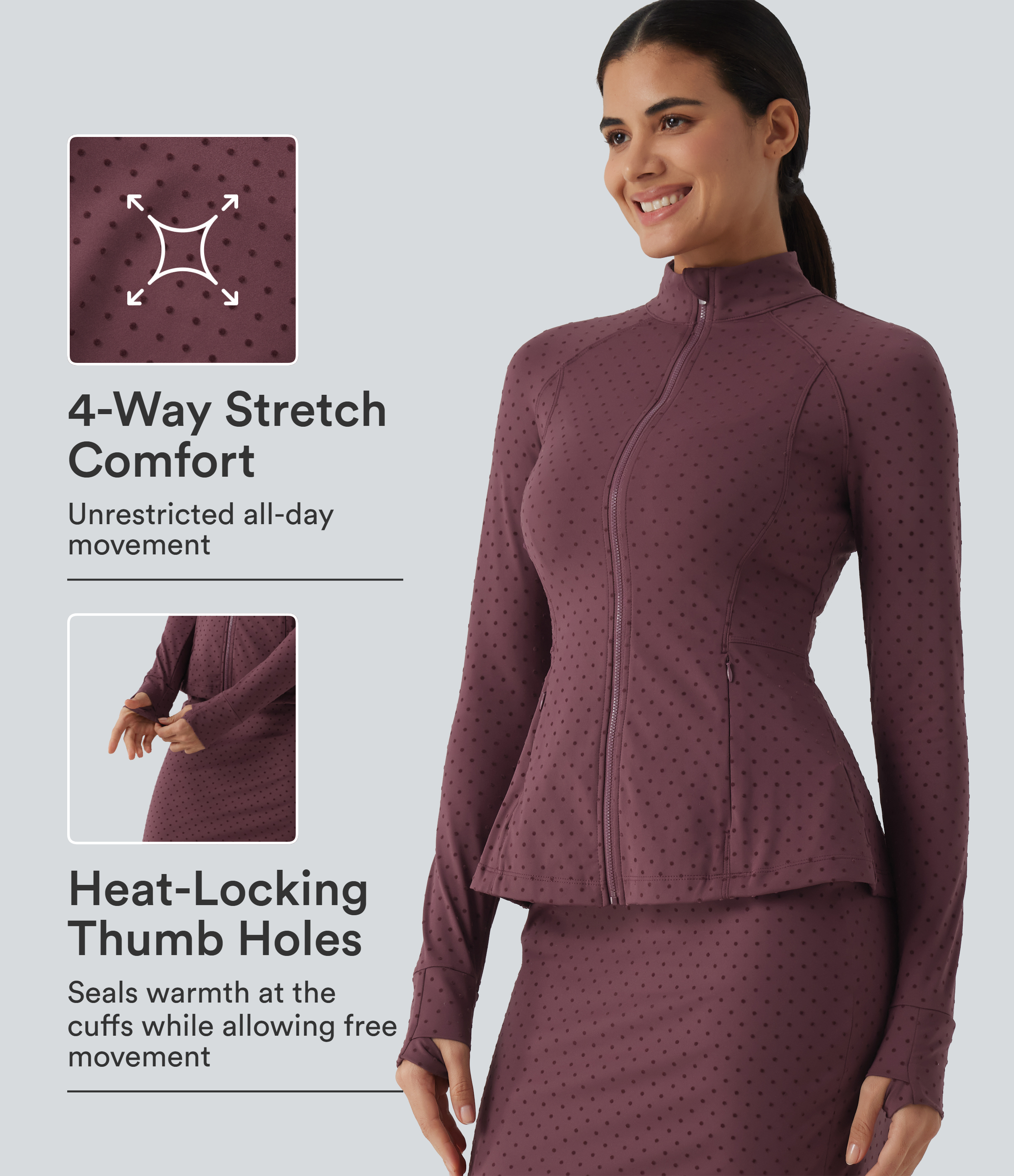 Stand Collar Long Sleeve Thumb Hole Polka Dot Yoga Jacket with Pockets