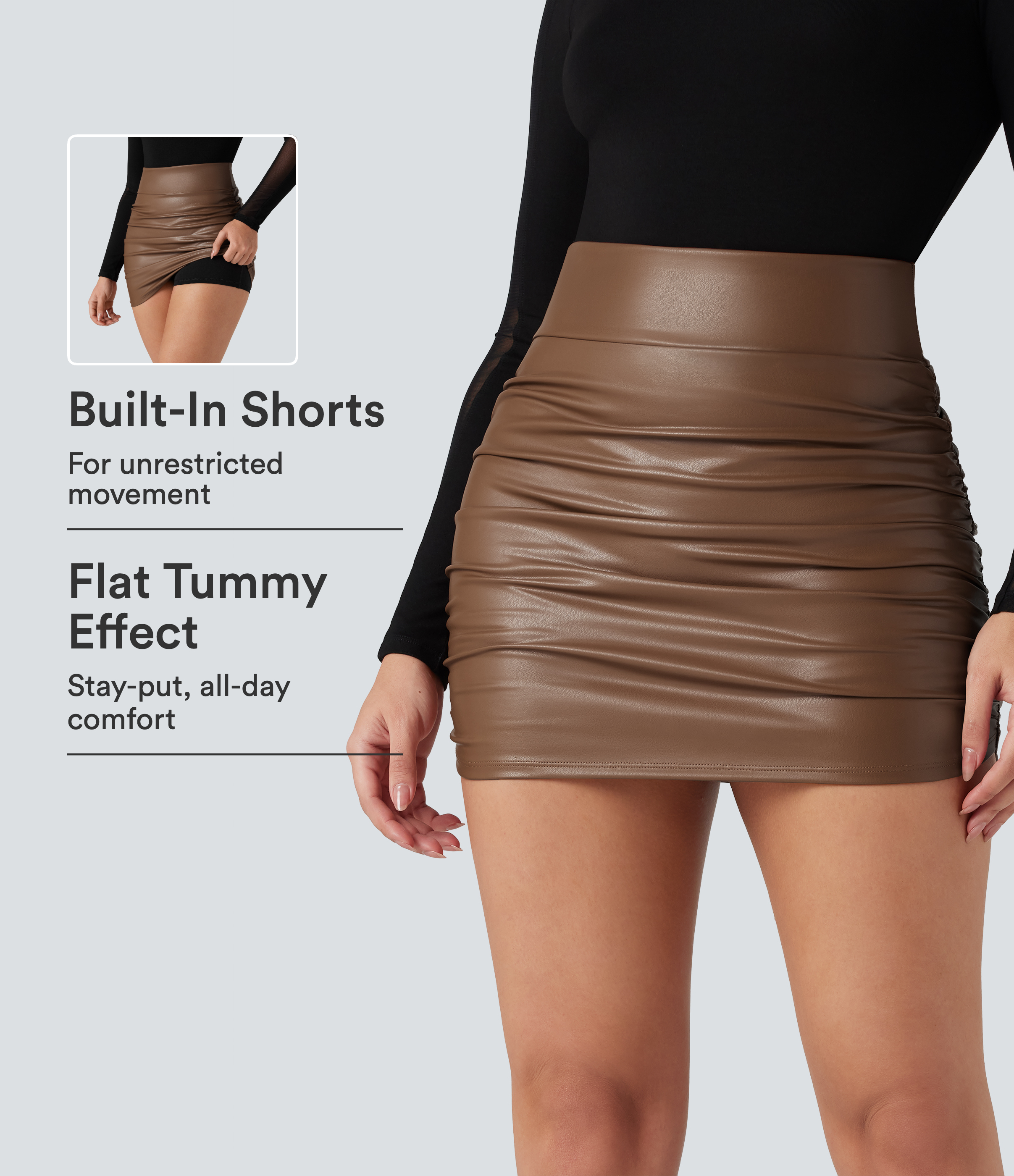 High Waisted Tummy Control Ruched Curved Hem 2-in-1 Fleece PU Bodycon Women Mini Skirt