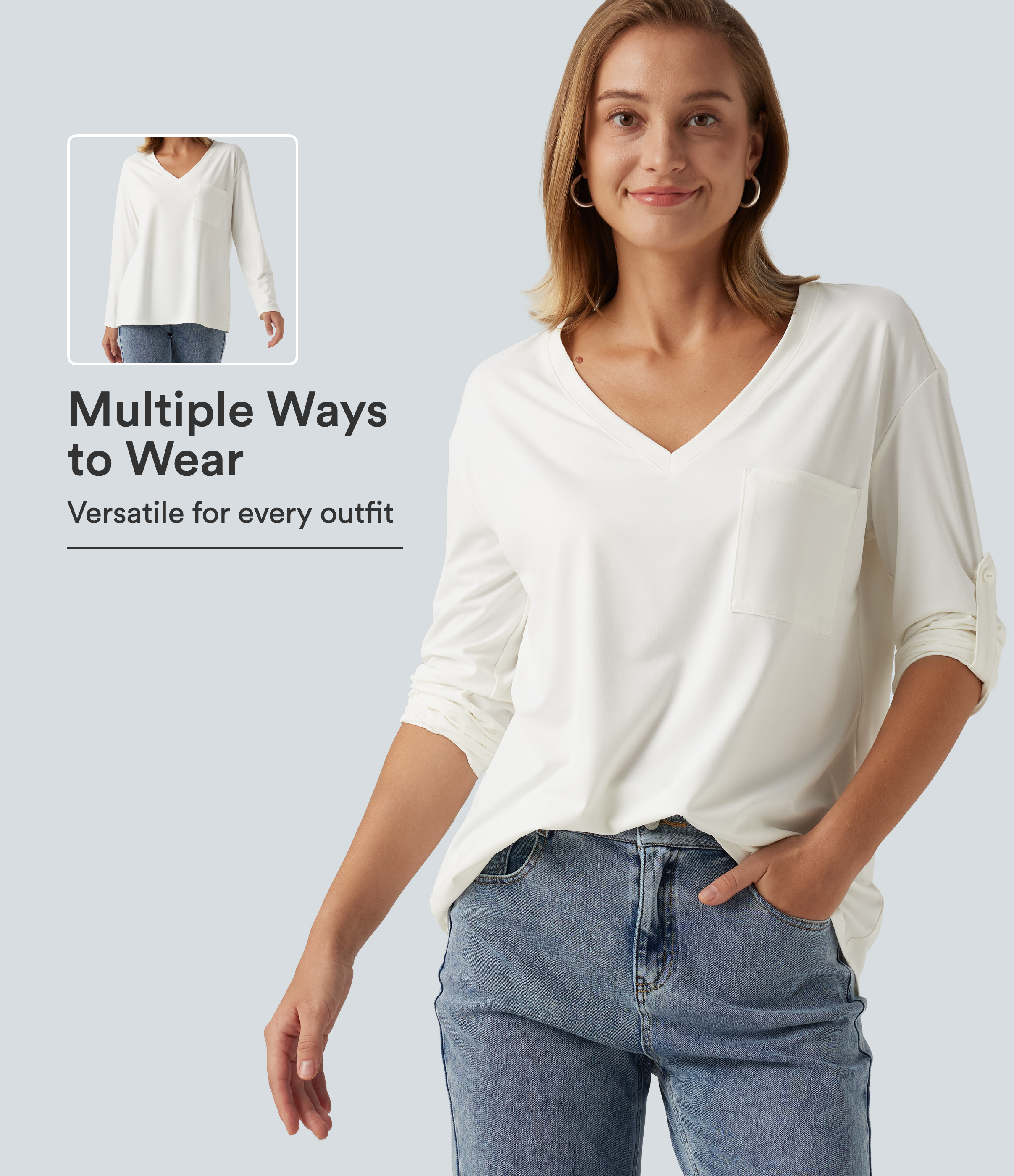 V Neck Long Sleeve Casual T-Shirt with Pocket