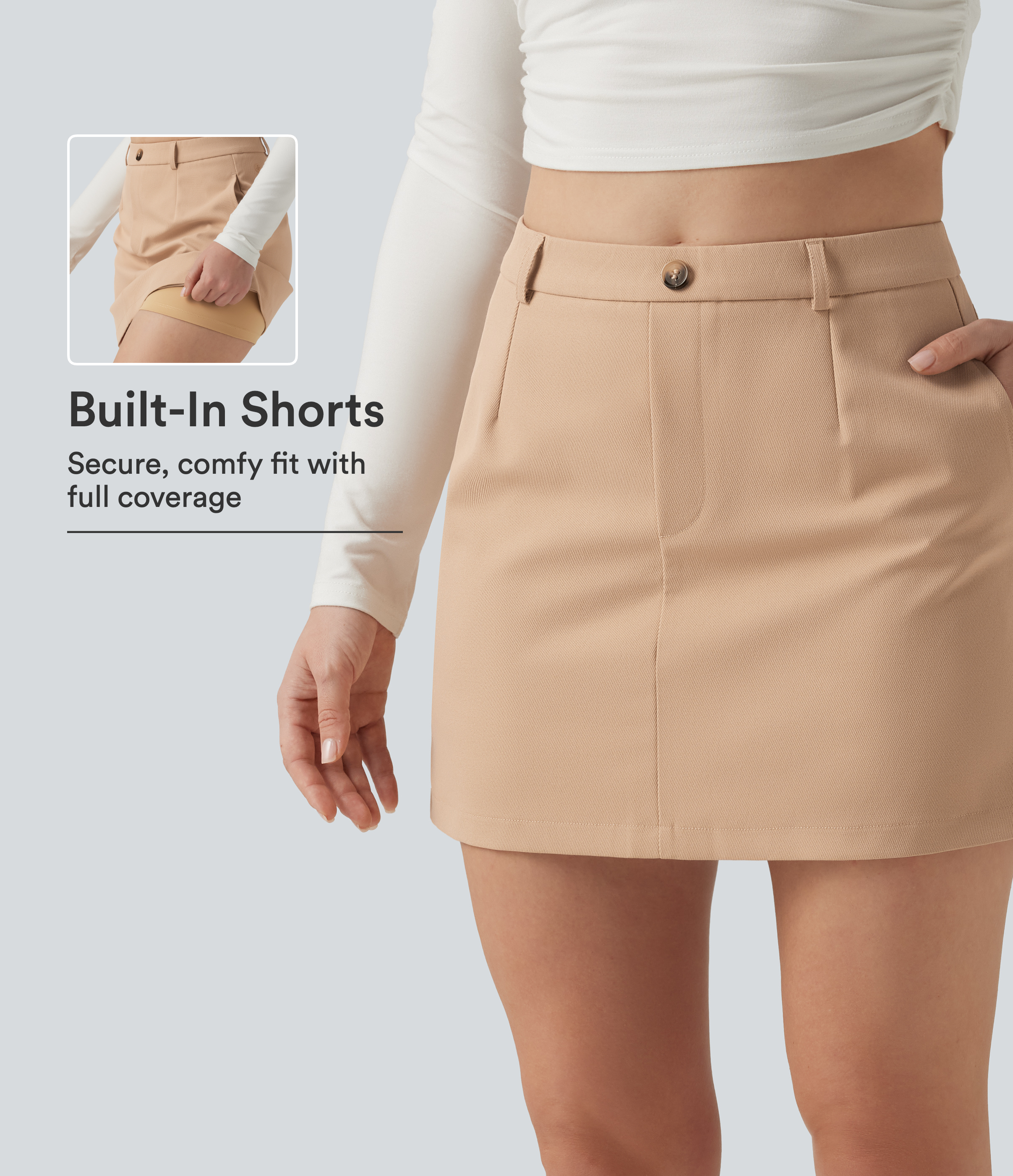 High Waisted A-Line Wrinkle Recovery Work Mini Skirt with Built-in Shorts and Pockets