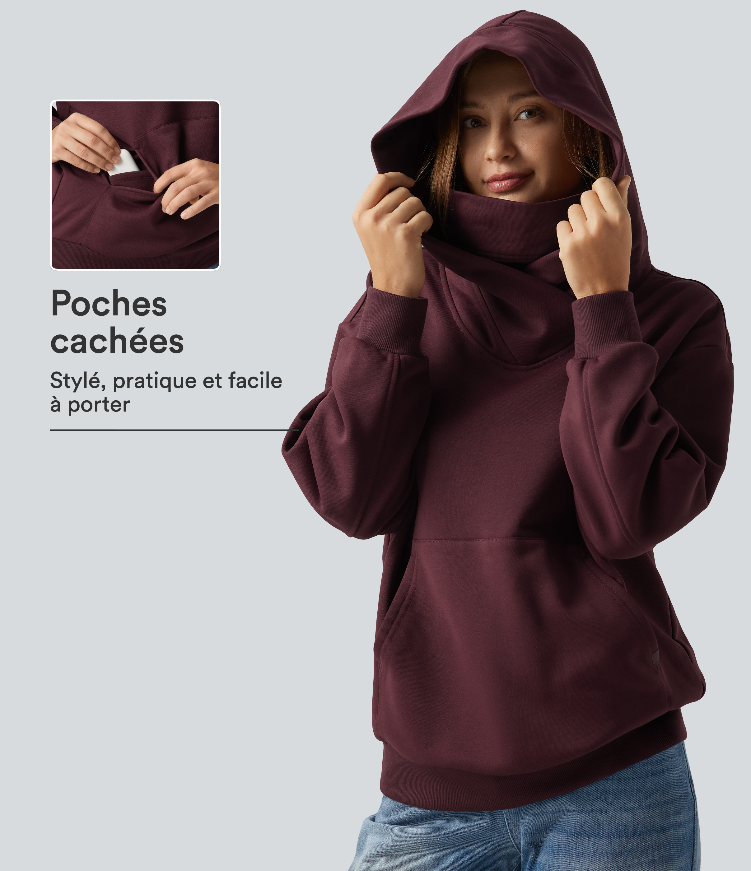 Chocolate Truffle Sweat-shirt à capuche croisé, épaules tombantes et doublure polaire avec poche kangourou / 1